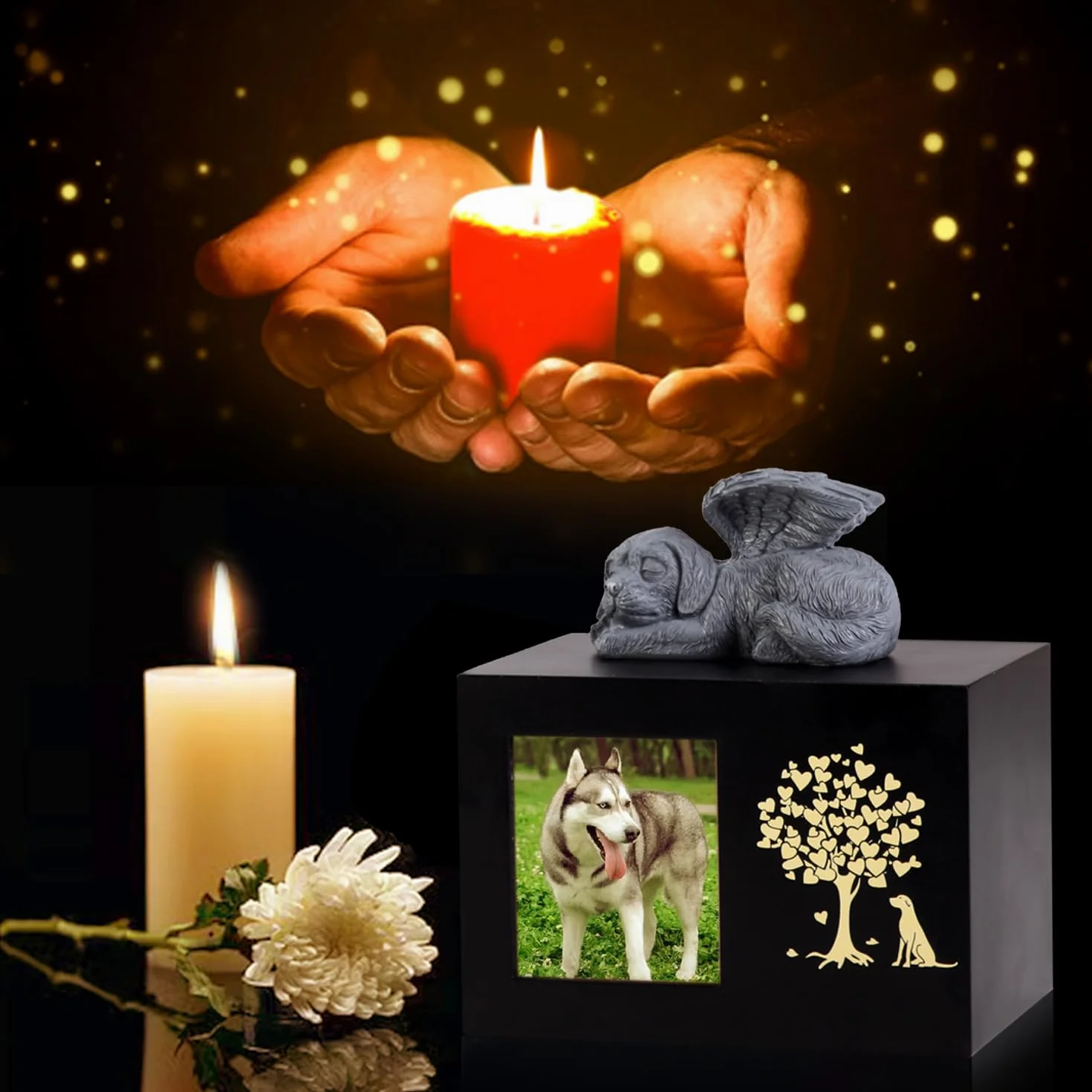 Urne funéraire en bois XLarge pour chien avec cadre photo et doublure flanelle noire