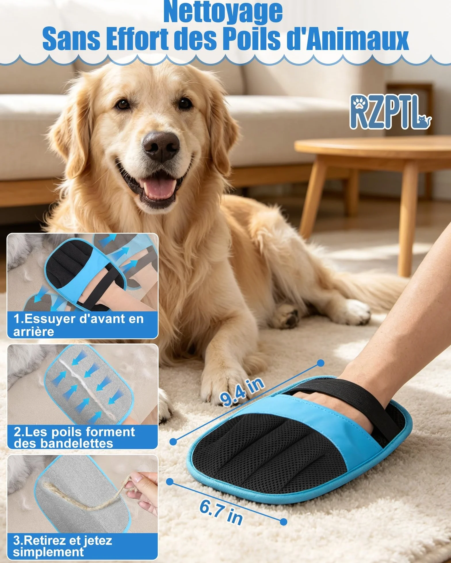 Lot de 2 Gant Anti Poils Animaux, Gant Électrostatique à Paume Antistatique pour Chats & Chiens, Réutilisable, Bleu