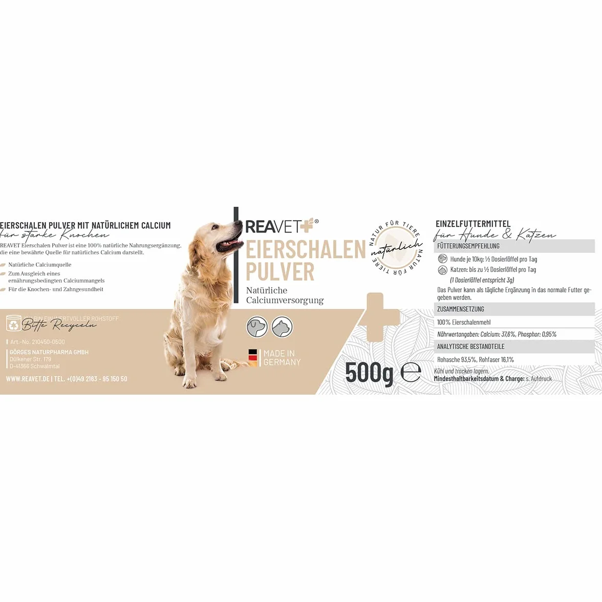 ReaVET Poudre de Coquille d'œuf Chien & Chat 500g - Calcium Naturel pour Os et Dents