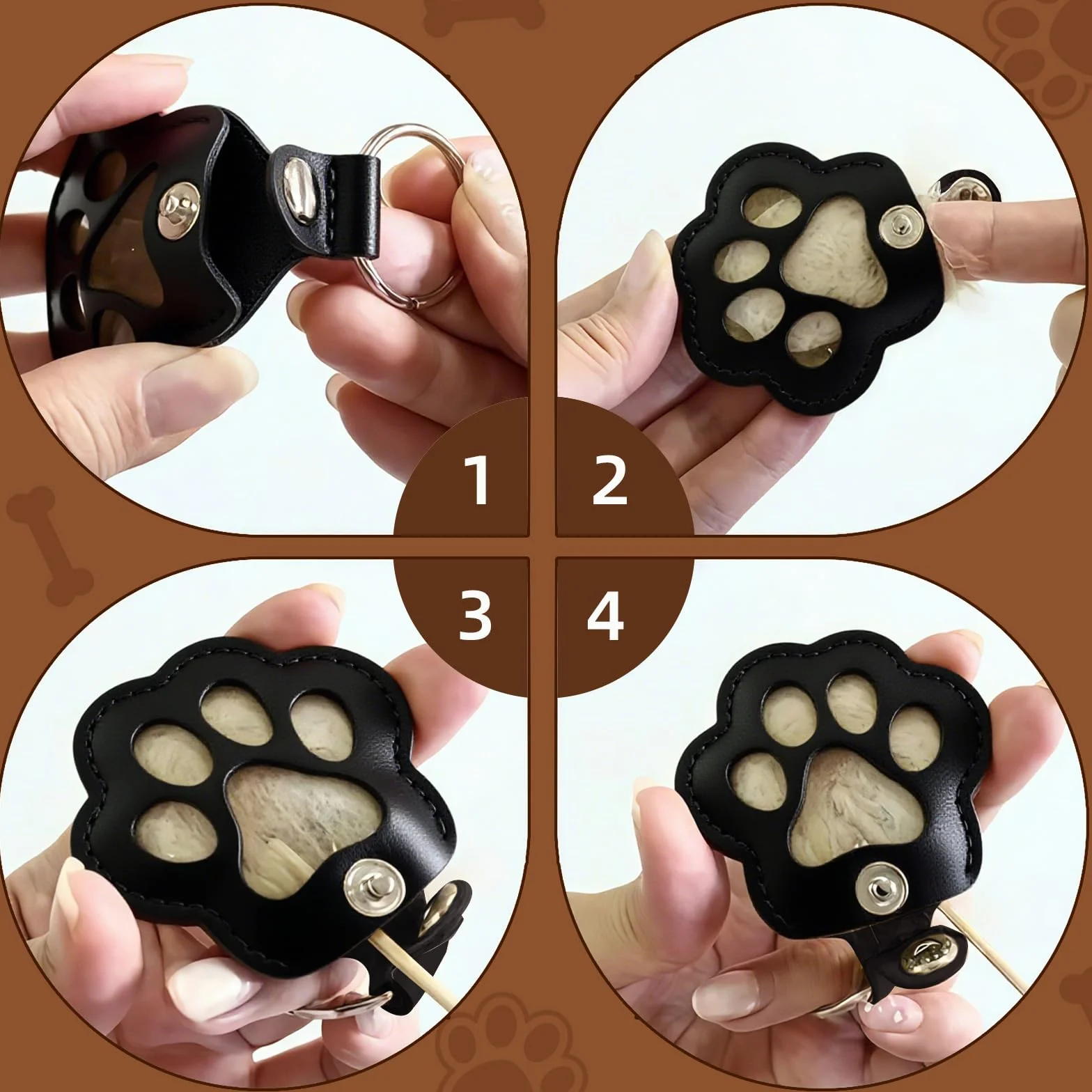 Lot de 2 porte-clés poils d'animaux, pendentif cuir patte chien souvenir