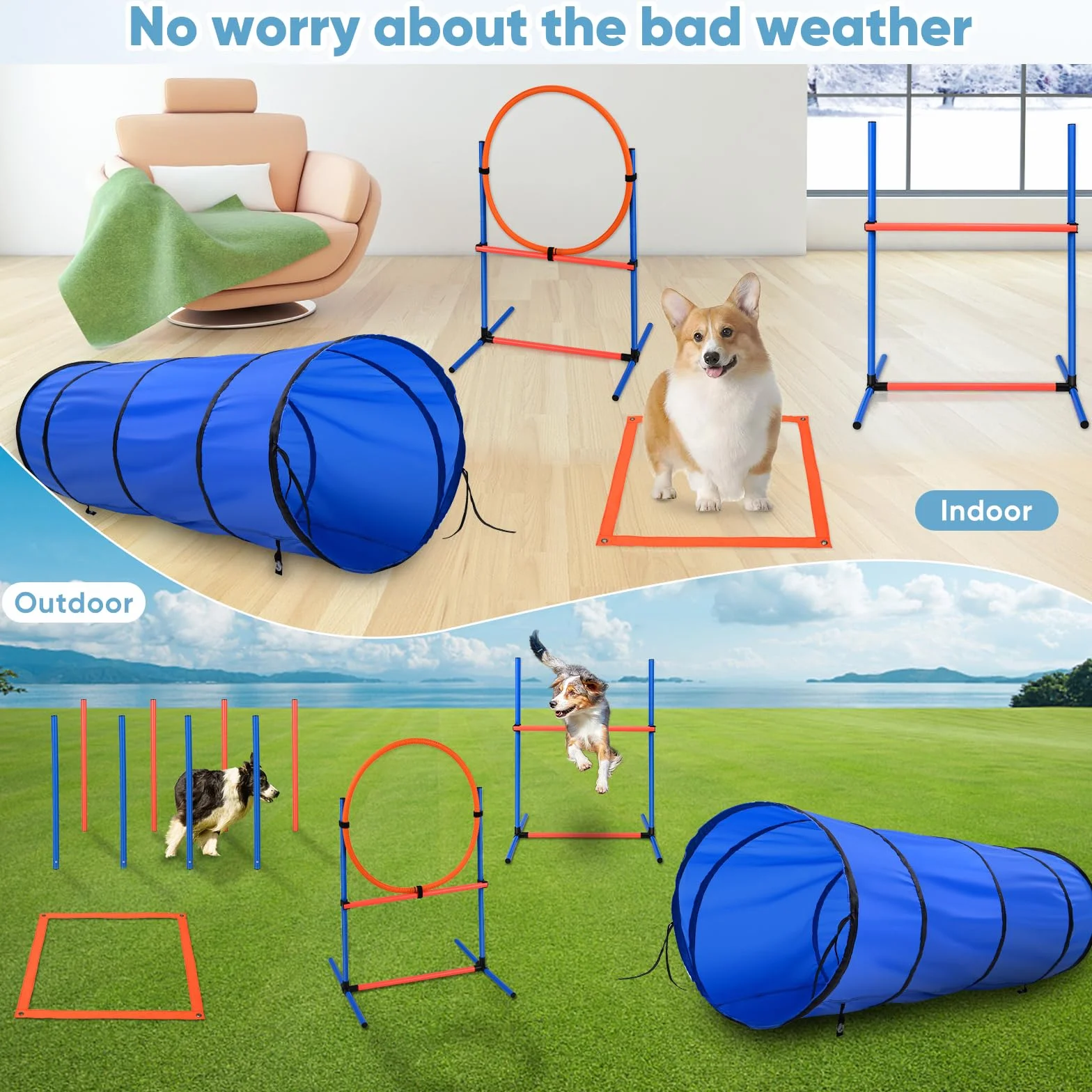 Agility Kit pour Chien avec Tunnel 170 cm, 8 Barres de Slalom, Hauteur réglable