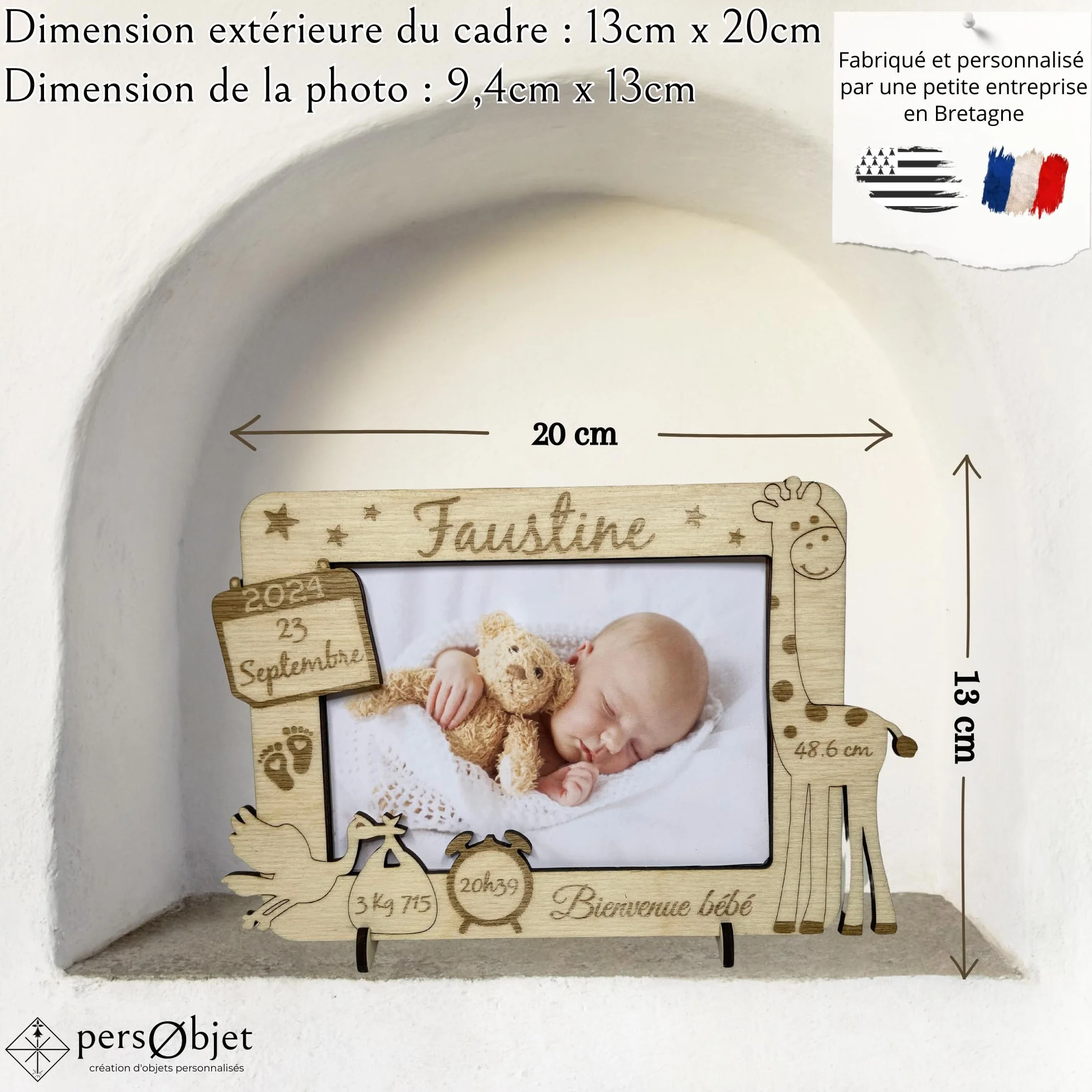 Cadre Photo Naissance Bois Personnalisable Girafe - Souvenir Bébé - Idée Cadeau Naissance Personnalisé - Décoration Chambre Bébé