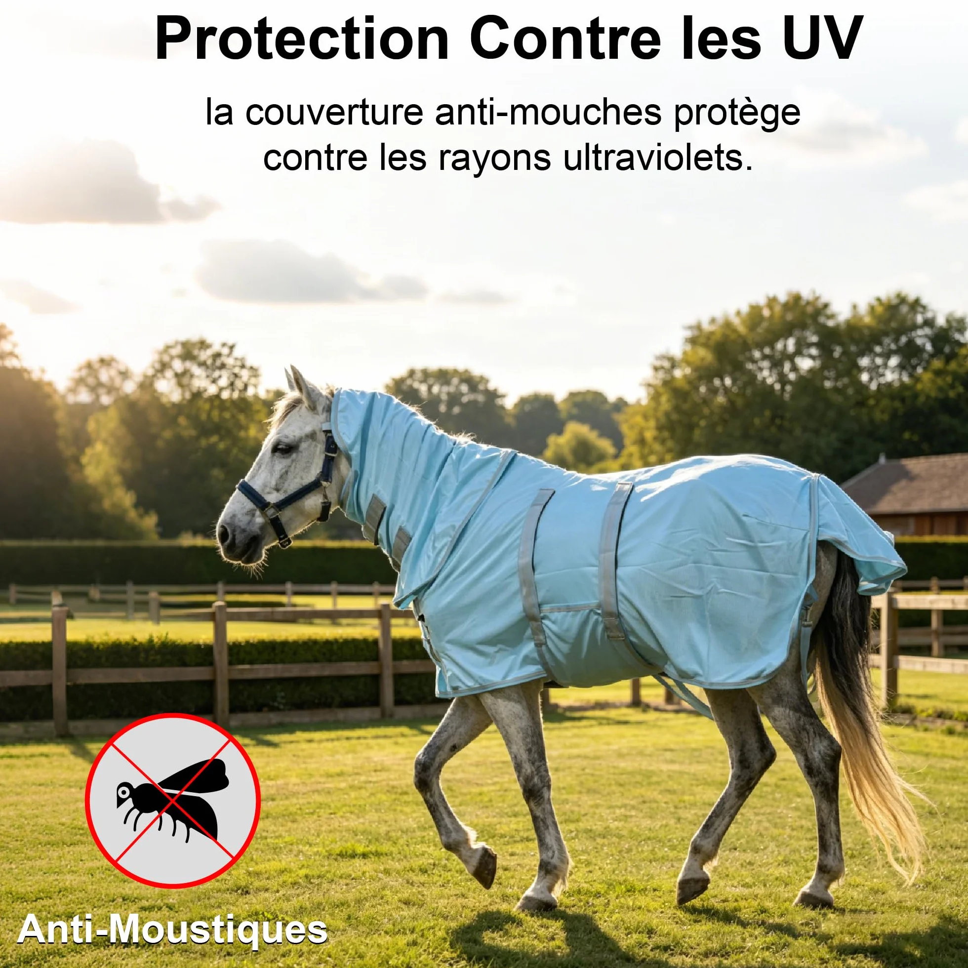 Couverture Anti-Mouches pour Mini-Cheval Petit Poney, Protection UV, Maille Légère Respirante, Bleu Cyan 80cm