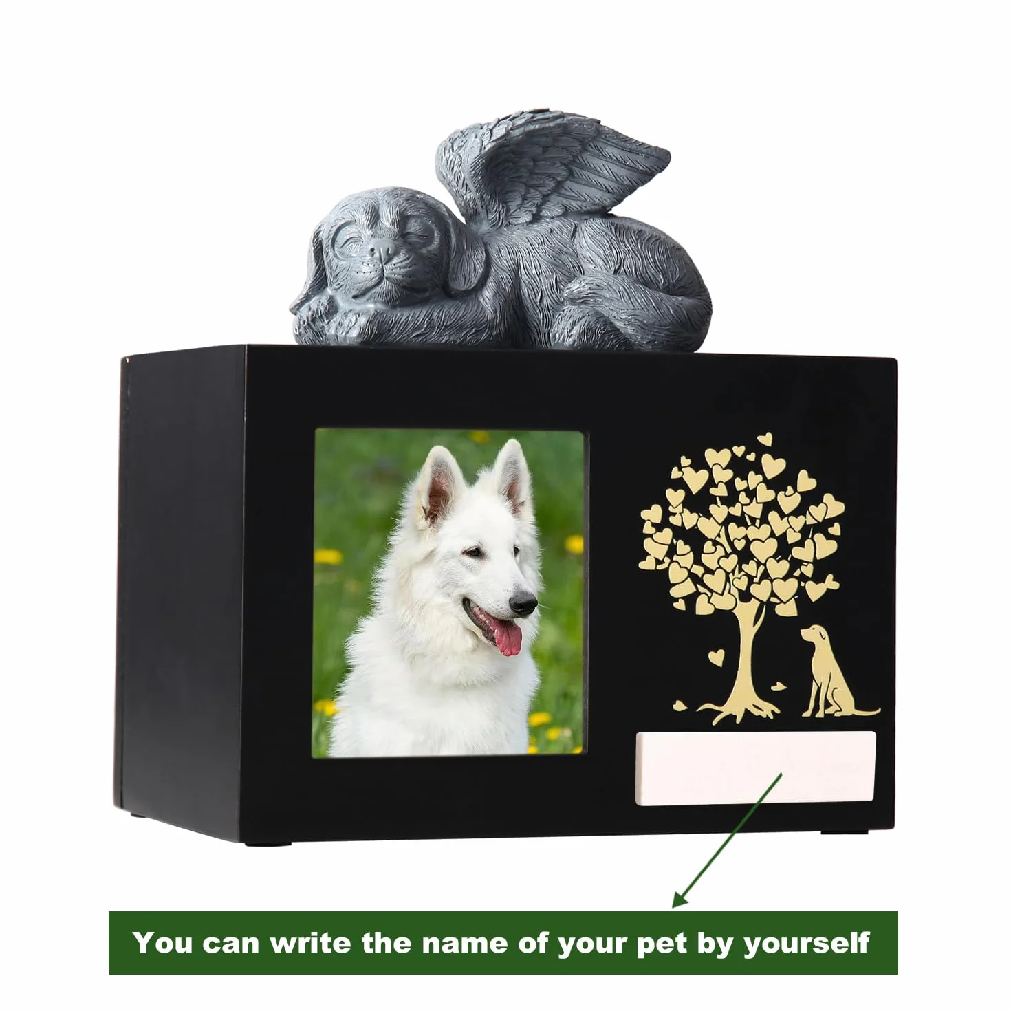 Urne funéraire en bois XLarge pour chien avec cadre photo et doublure flanelle noire