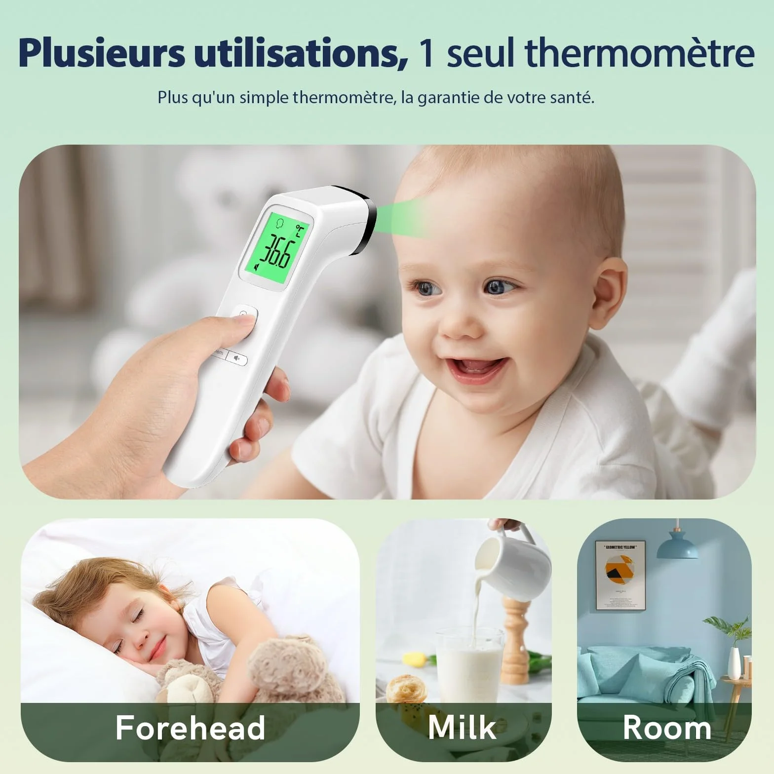 Thermomètre Frontal Sans Contact Infrarouge Médical Numérique pour Adultes et Bébé avec Écran LCD, Mode Muet, Mémoire