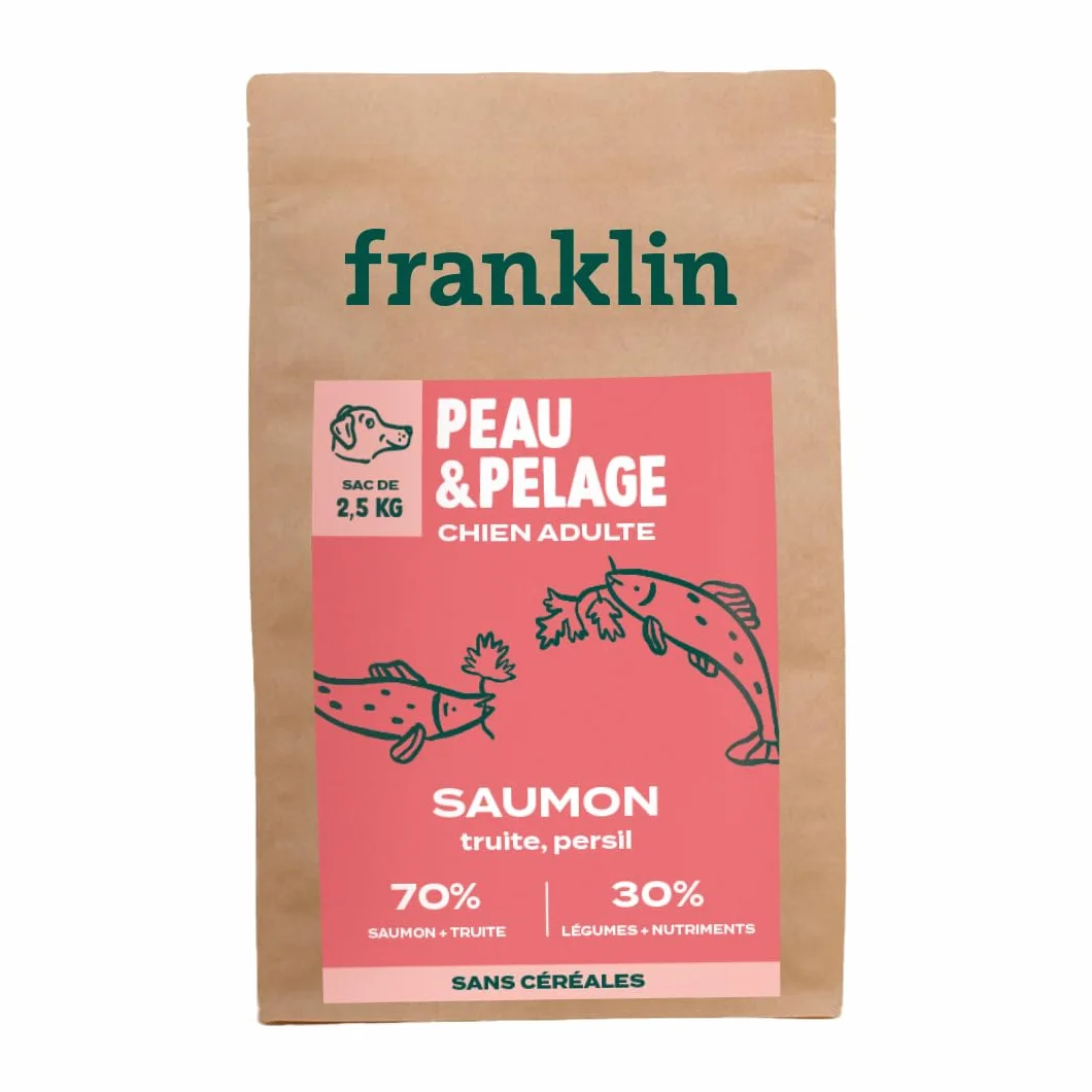 Franklin Croquettes pour Chien 70% Saumon Mono-protéine sans Céréales Peau et Pelage 2,5 kg