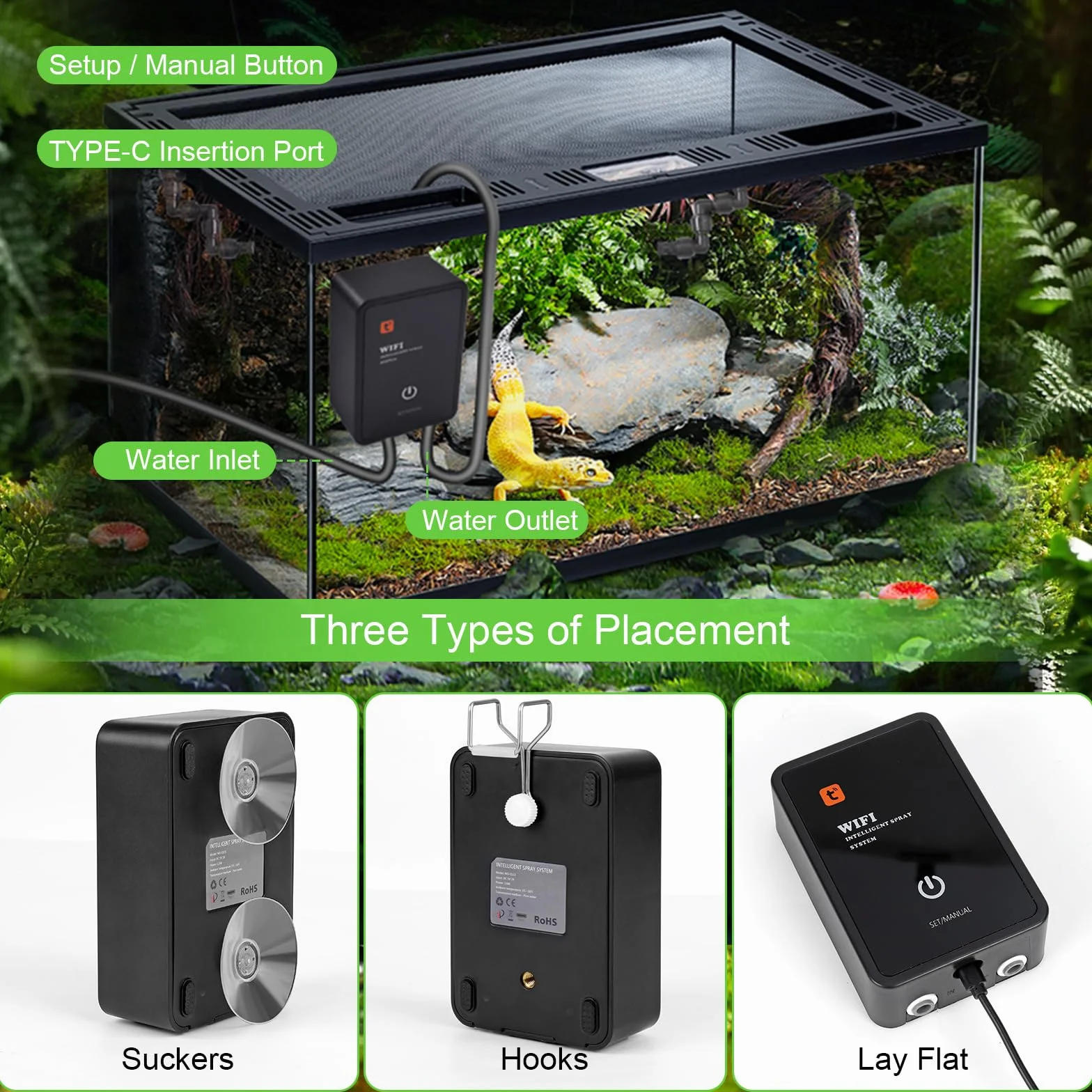 Glovios Brumisateur Terrarium Humidificateur avec Arroseur de Brouillard Réglable 360° pour Reptiles