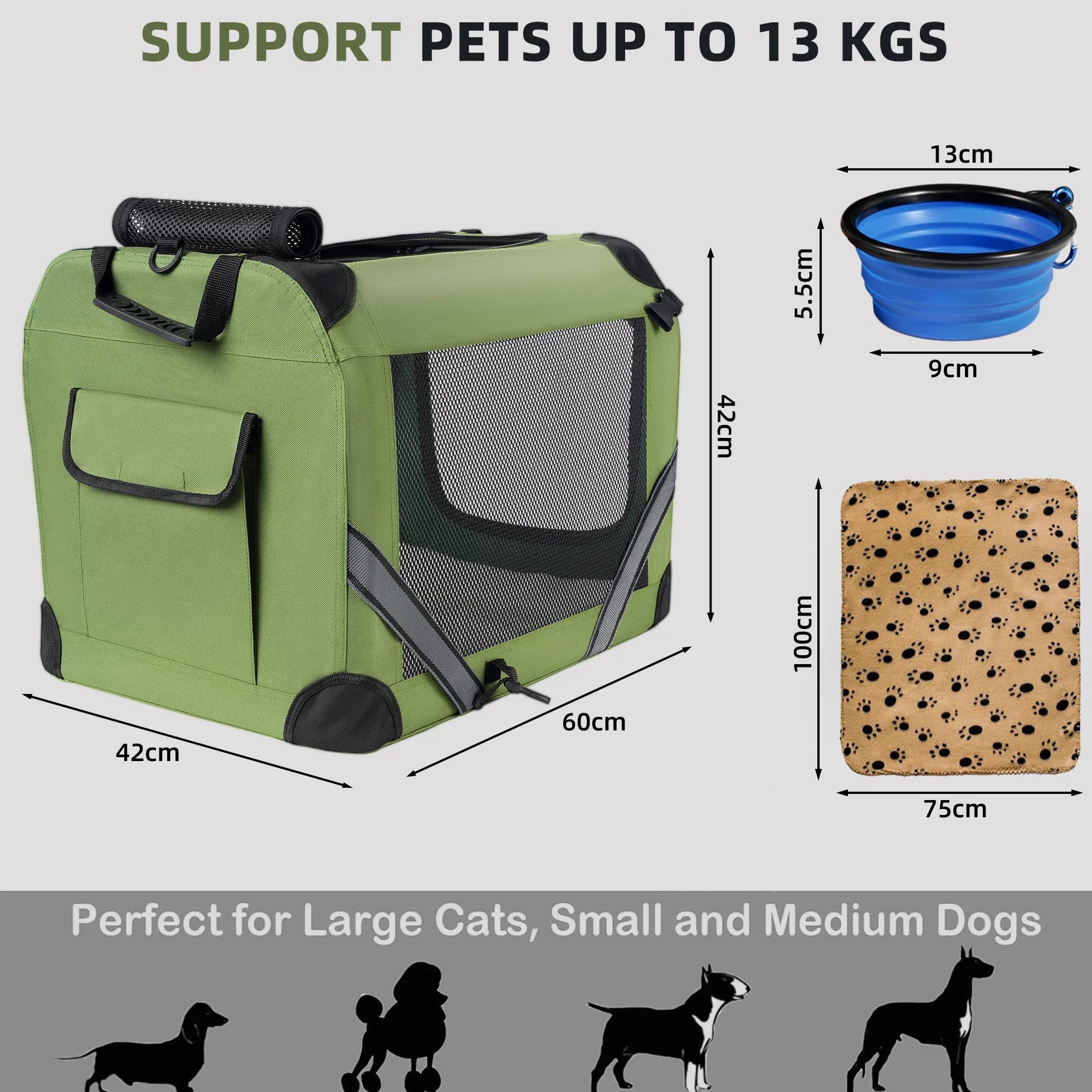 Petprsco Grand sac de transport pour 2 chats et chiens petite moyenne taille 61x43x43 cm avec couverture chaude bol pliable
