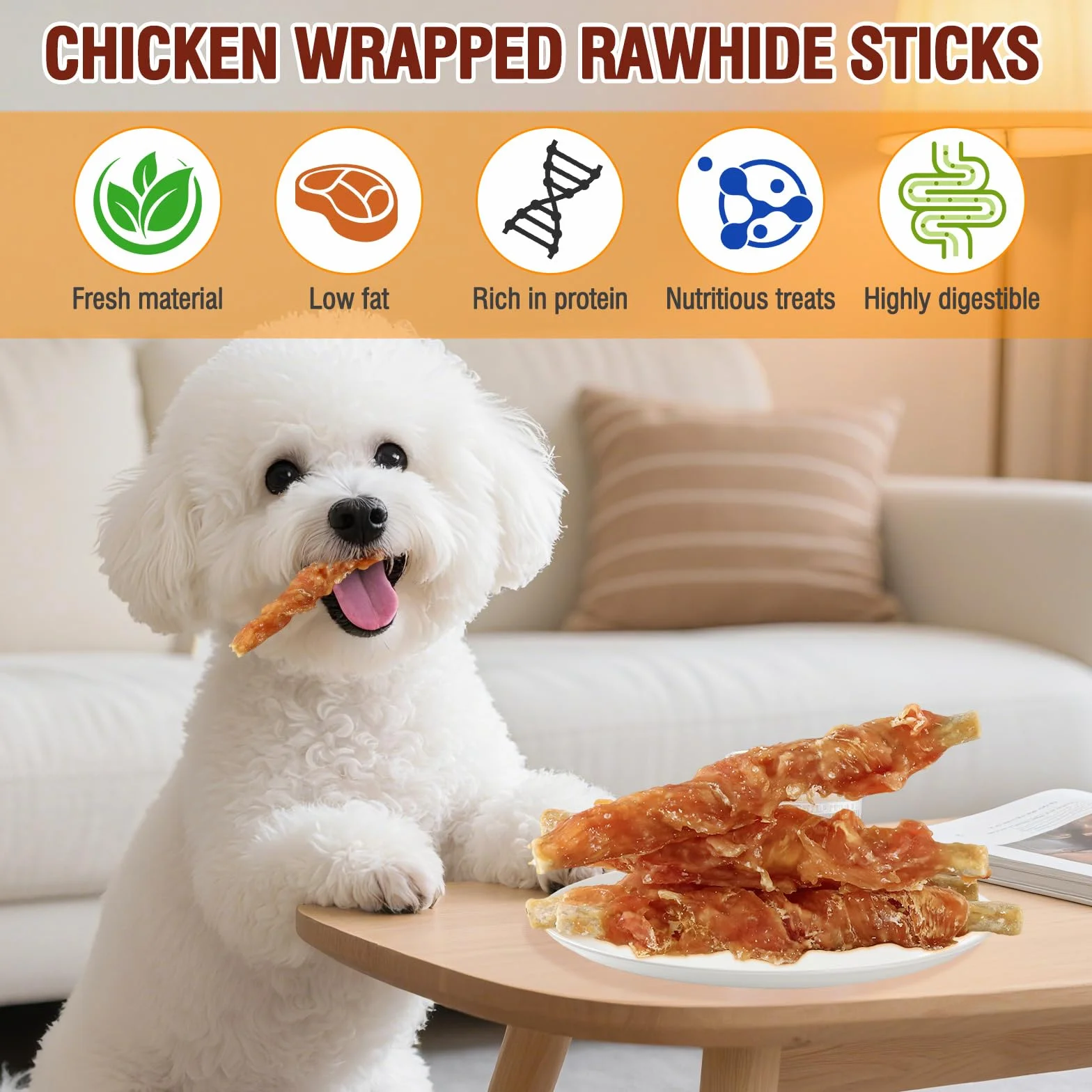 Bâtonnets Dentaires Chien Cuir de Bœuf Mâche du Poulet Enveloppé Friandise Longue Durée