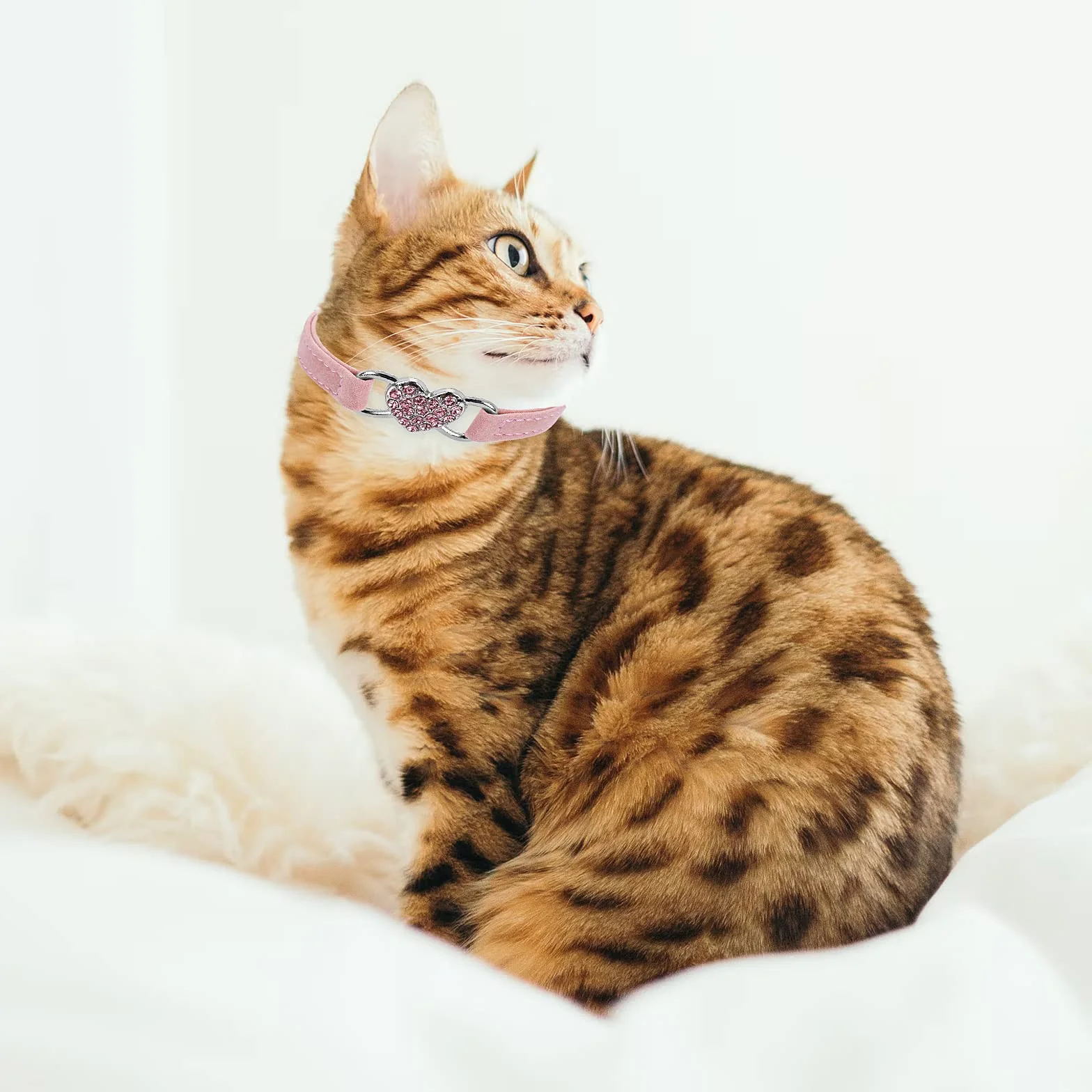 Collier de chat en forme de cœur avec clochette réglable, collier strass pour petit chien chat rose