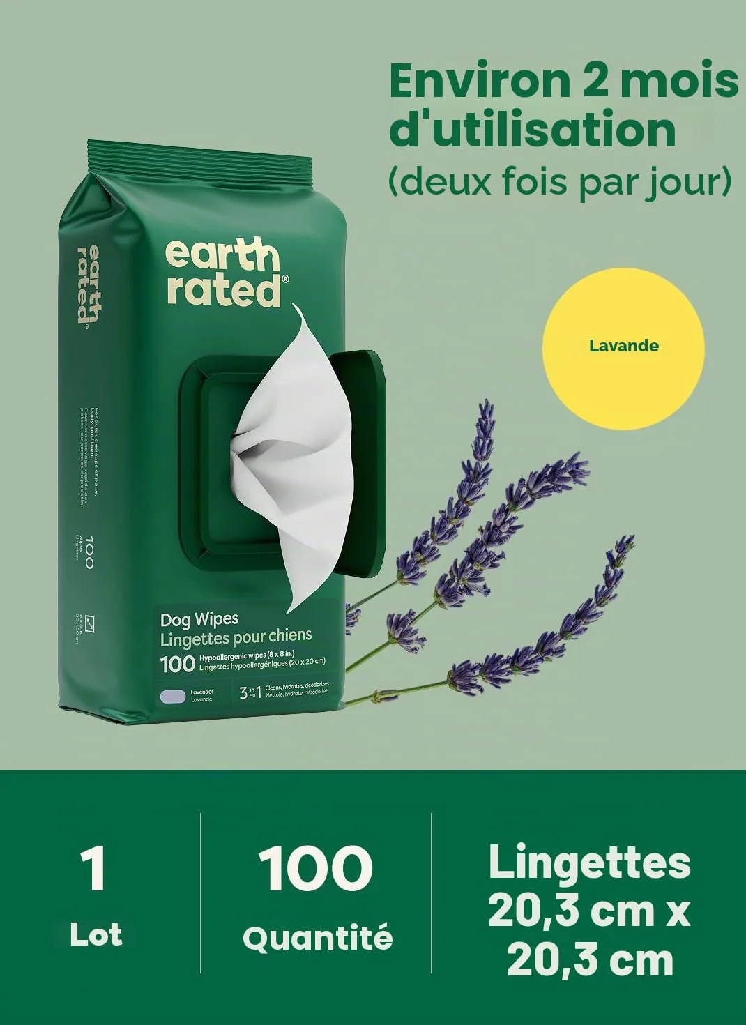 Earth Rated Lingettes hypoallergéniques pour Chiens, Lavande, 100 lingettes