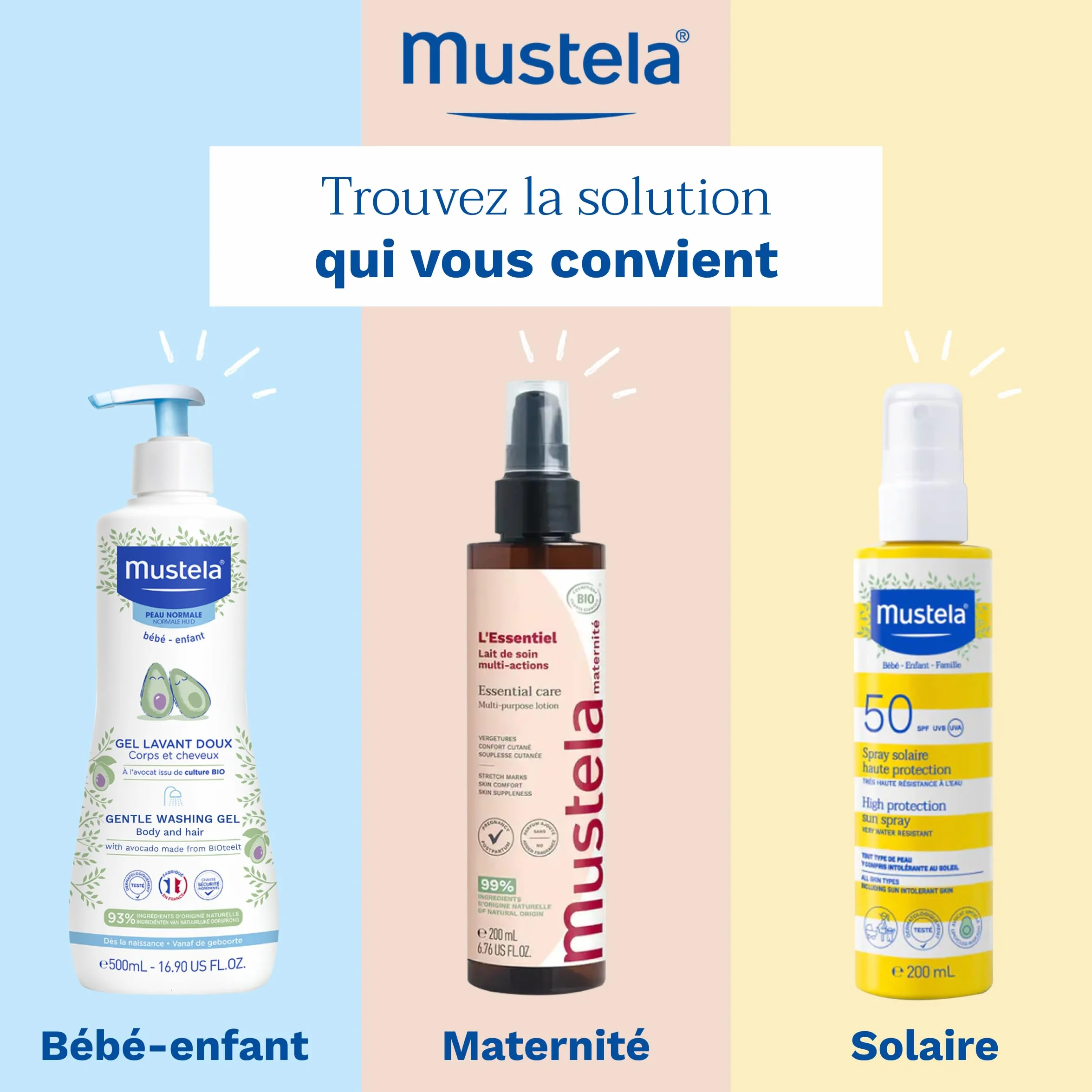 Mustela Lait Solaire SPF 50 Très Haute Protection Solaire Avocat Bio Sans Parfum Résiste à l'Eau Bébé Peaux Sensibles
