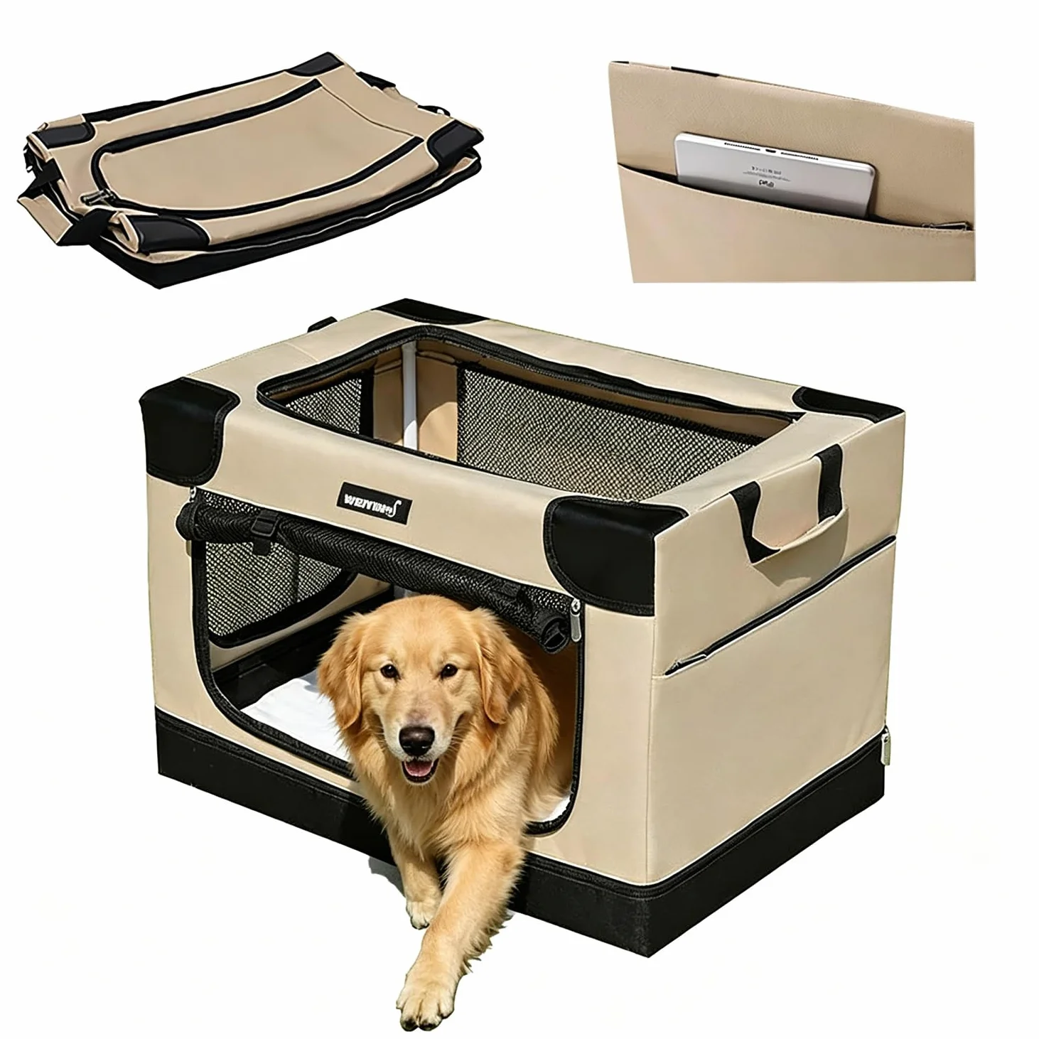 Caisse de Transport pour Chien,Cage Transport Chien,Manchon en Tissu Réglable,Enêtres en Maille Résistante à la Mastication, Utilisation en Intérieur/Extérieur, Pliable (82x59x59 cm)