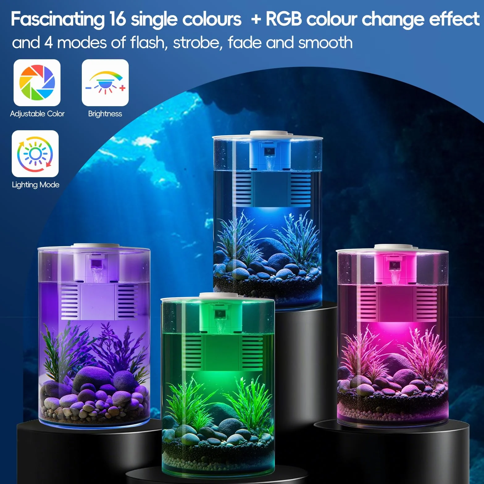 Aquarium Complet avec Filtre et Éclairage LED 11 L Multicolore 360° Fish Tank pour Petits Poissons Betta