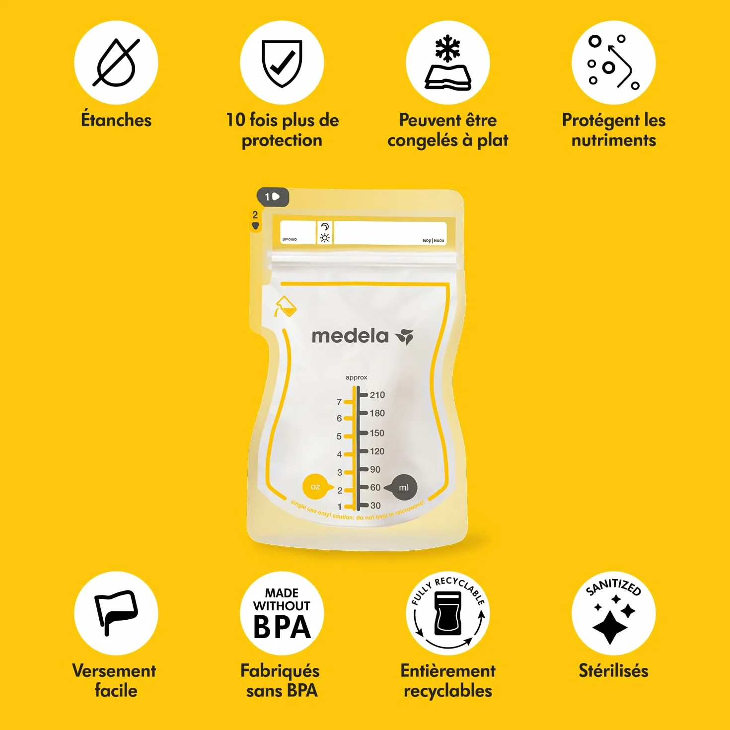 Medela sachets de conservation lait maternel Easy Pour 210 ml anti-fuite sans BPA jetables lot de 100