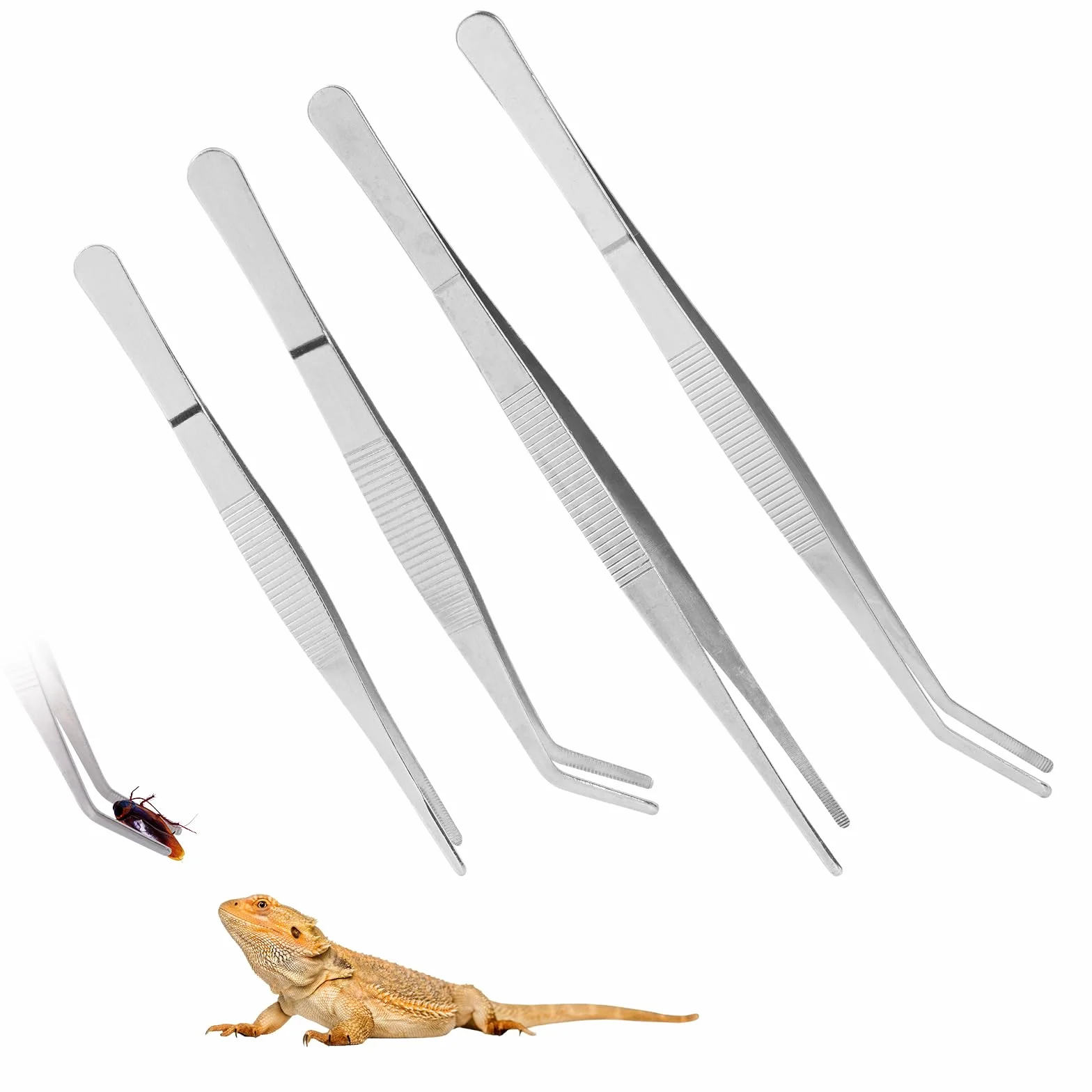 Nourriture Pince pour Reptile, 4 pièces en Acier Inoxydable Pince à Nourriture Courbée/Droite Accessoire Alimentation