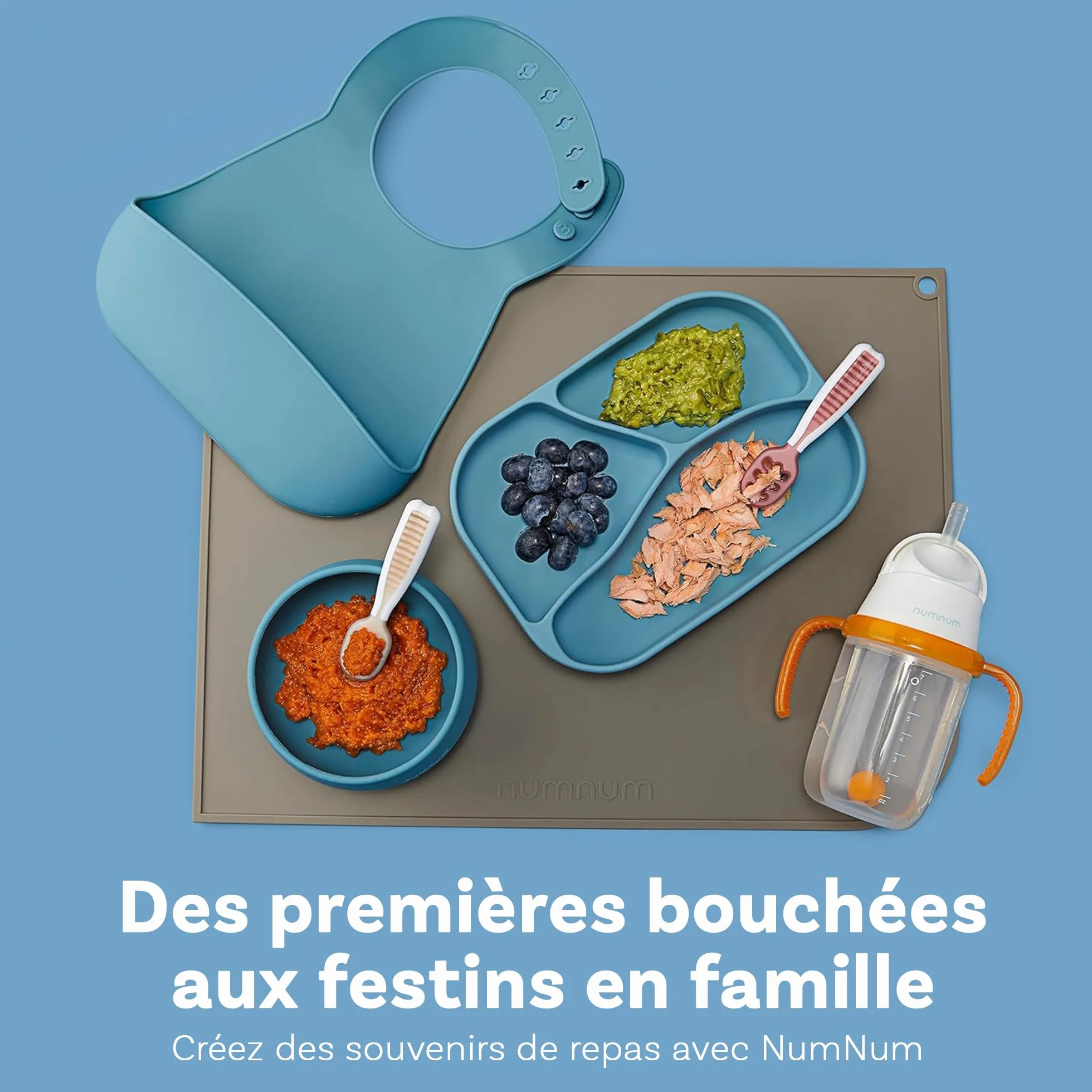 NumNum GOOtensils Cuillère Bébé 1er Âge - Étape 1+2 Silicone - Lot de 2 (Bleu/Orange)