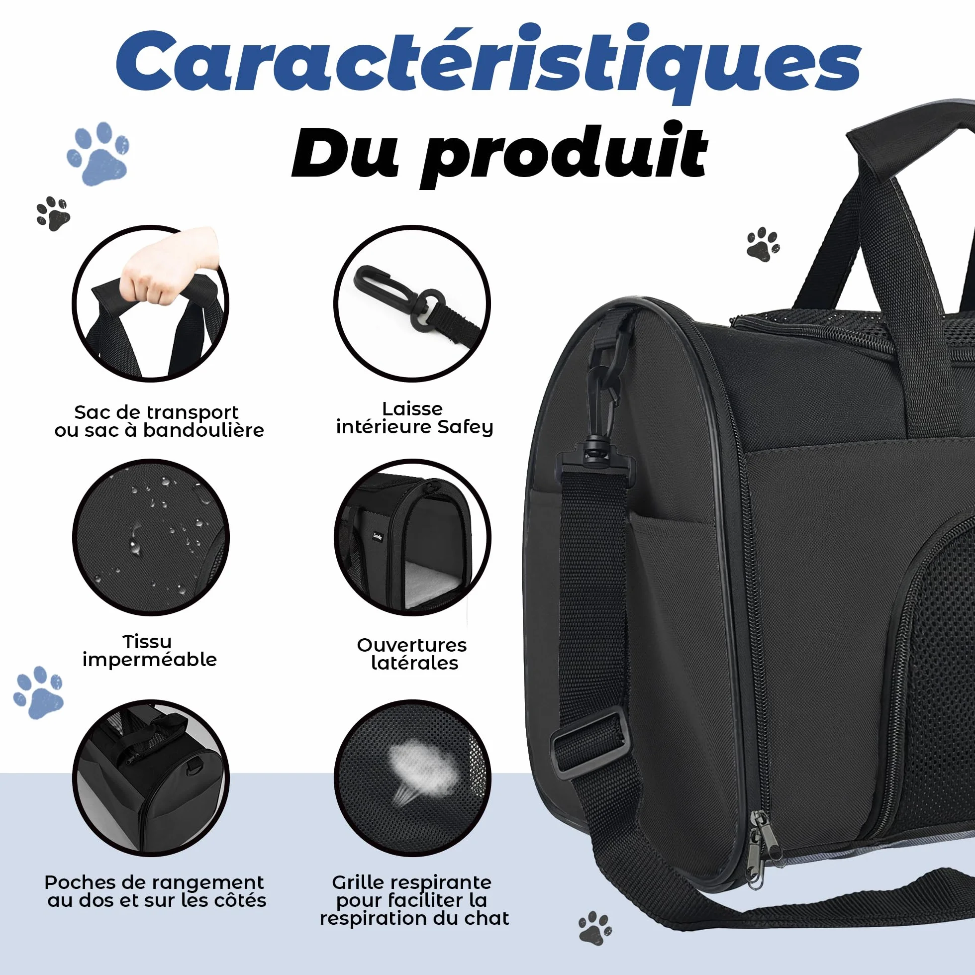Sac de transport pour chats et chiens respirant pliable avec bandoulière réglable matelas en peluche amovible noir S
