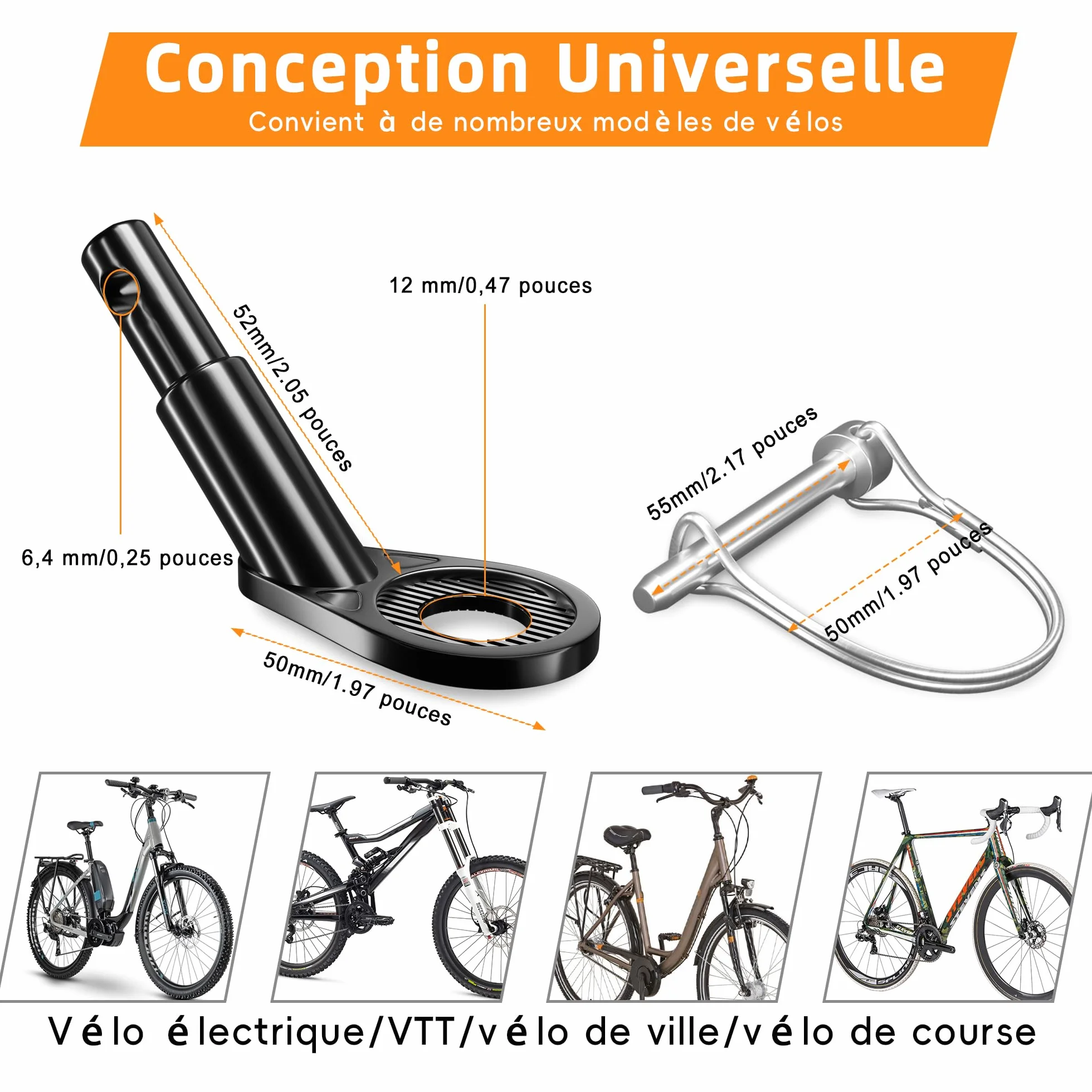 Attelage de Remorque de Vélo 12mm - Adaptateur pour Remorque pour Chien, Noir