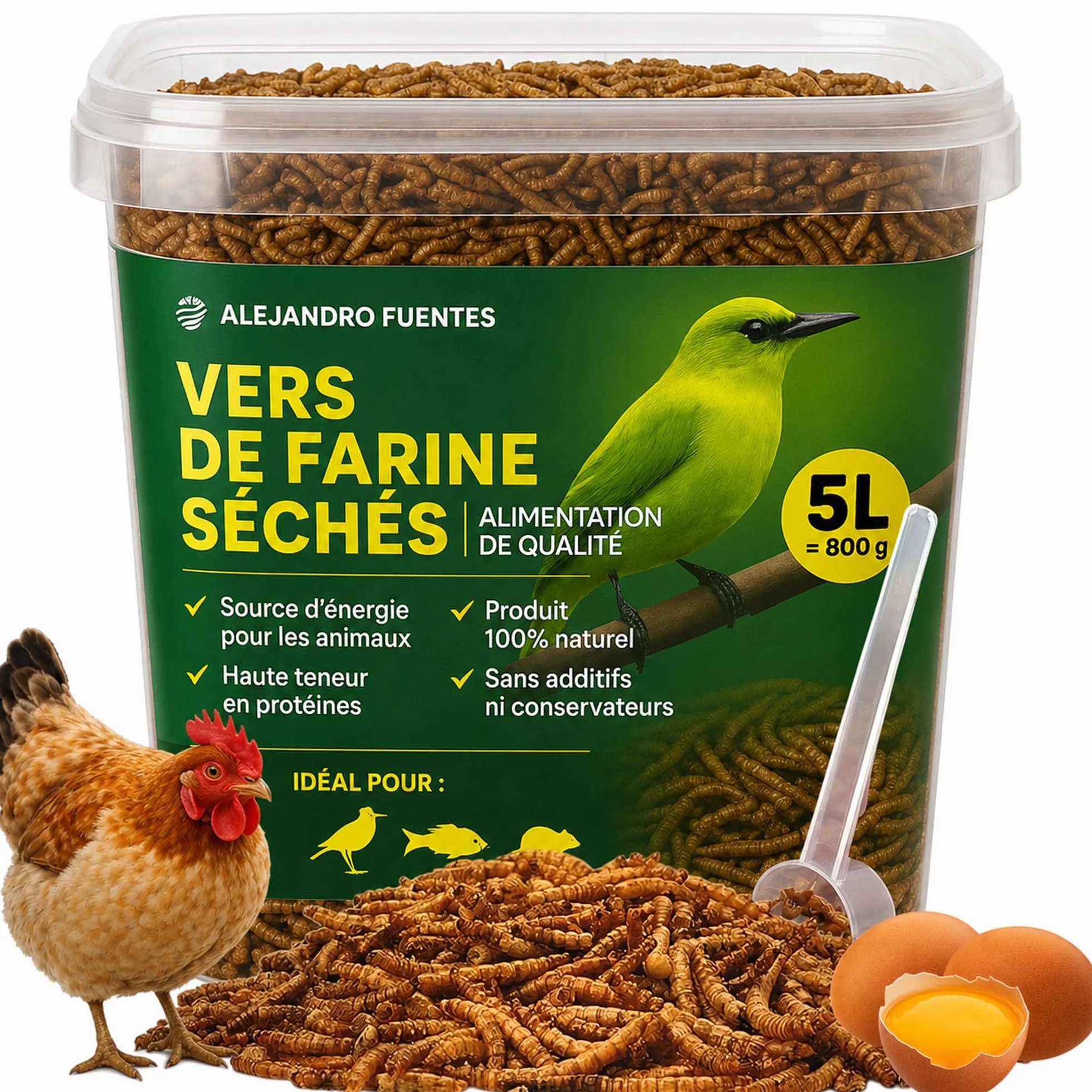 AF® vers de Farine Séchés Premium 5L 52% Protéines Snack Naturel pour Hérisson Reptiles Rongeurs