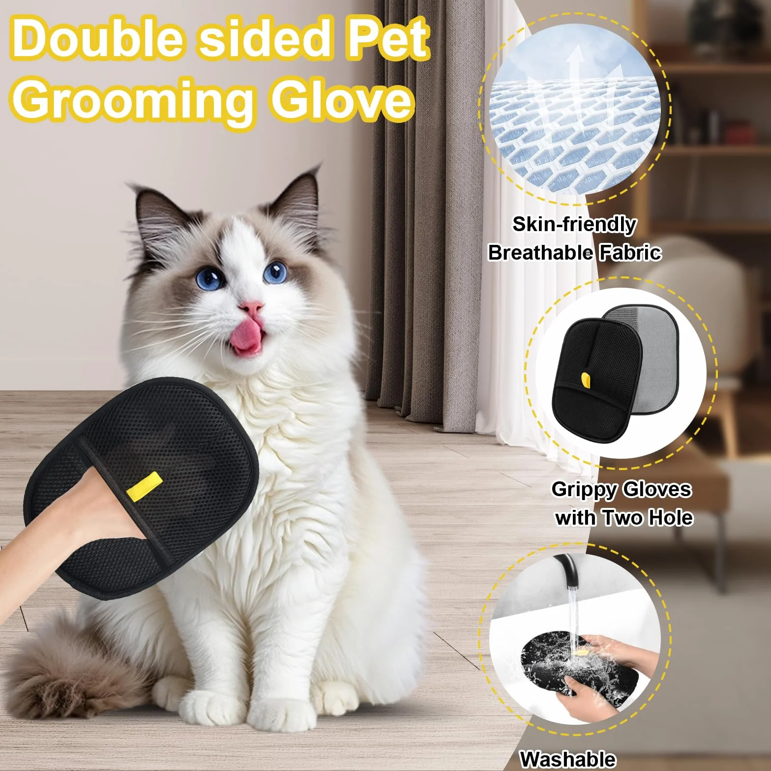 Gants Antistatiques pour Poils D'Animaux, Double-Sided Pet Grooming Gloves, Reusable Gants de Toilettage