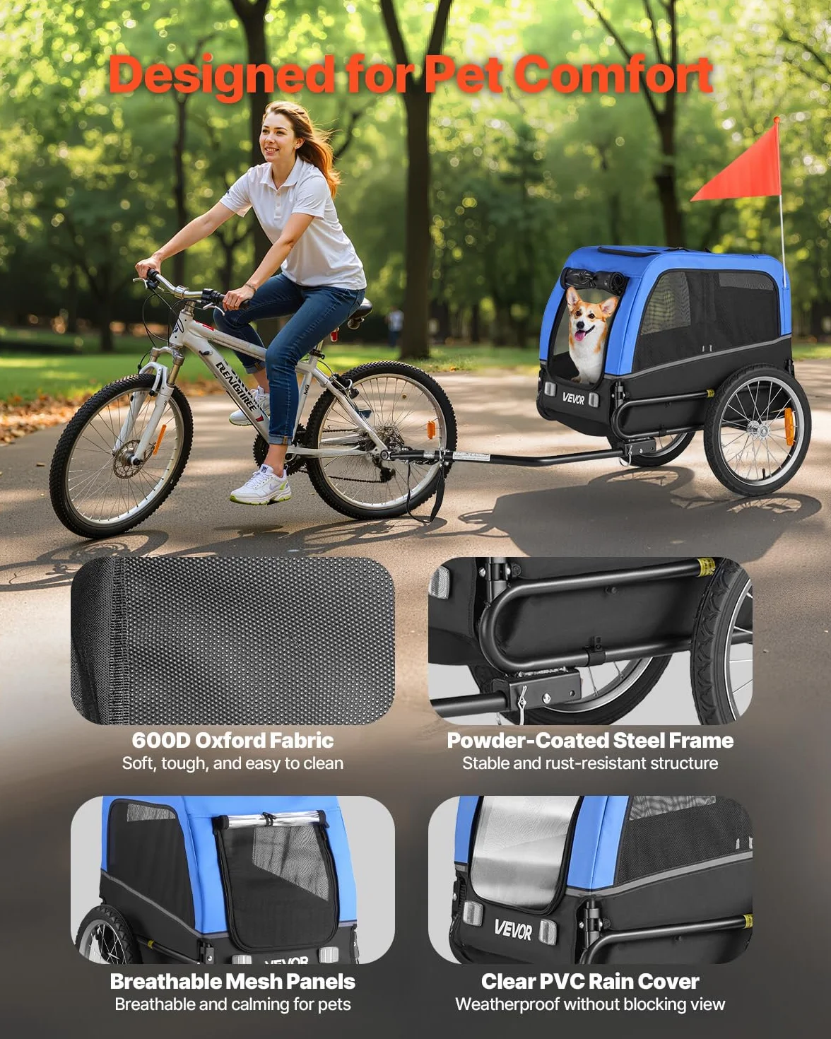 VEVOR Pliable Remorque de Vélo Chien 30 kg Porte Animaux de Compagnie avec Roues à Dégagement Rapide
