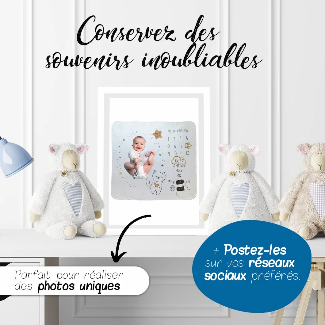 Couverture étape bébé personnalisée avec carte en bois - tapis mois photos - coffret cadeau naissance - thème étoile