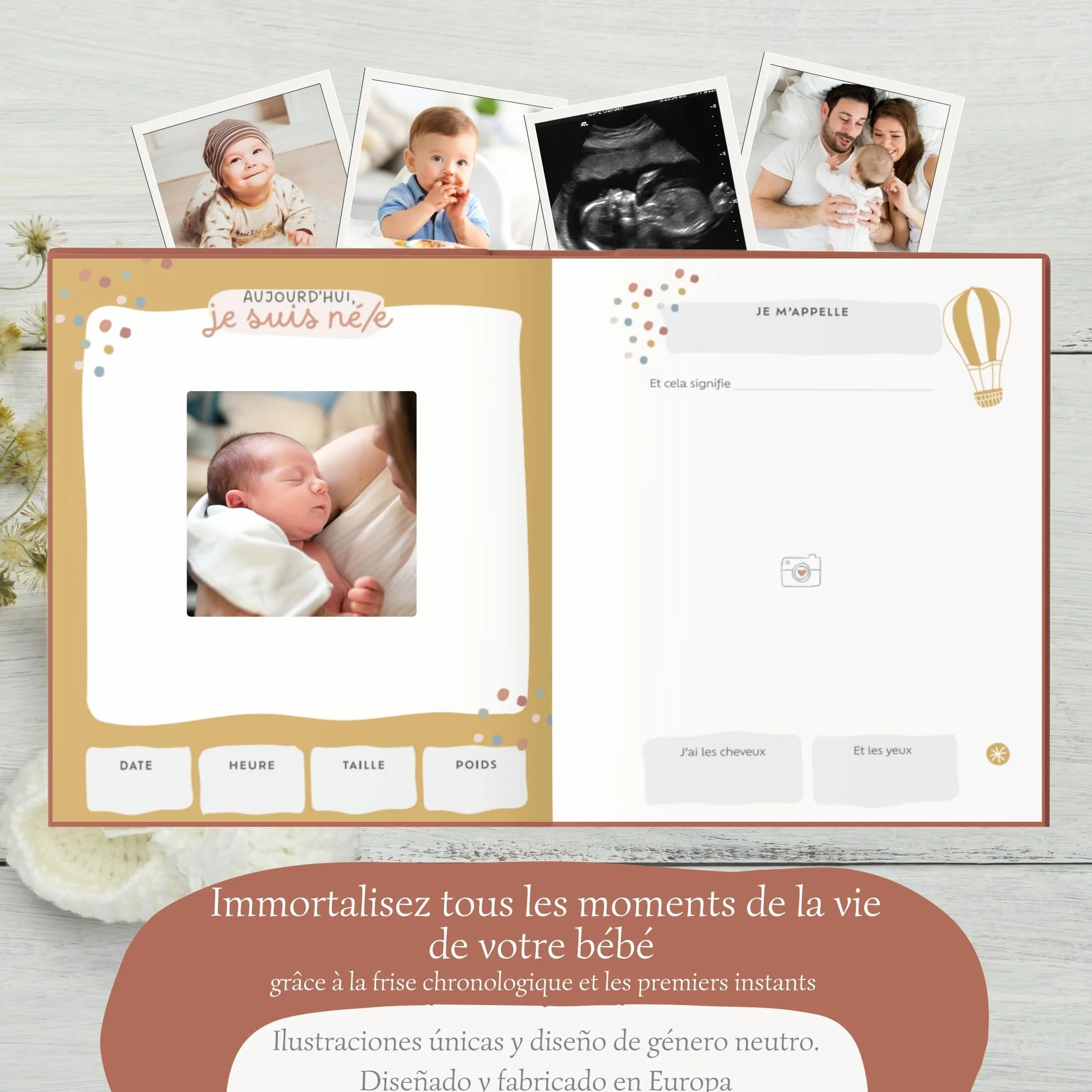 Livre de Naissance Bébé avec Photos et Autocollants, Album Première Année jusqu'à 5 Ans, Cadeau Fille et Garçon