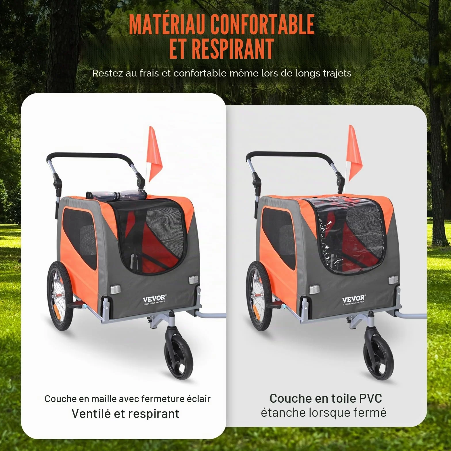 VEVOR Remorque de vélo pour chien 2 en 1 poussette pour animal domestique cadre pliable 45,4 kg roues à dégagement rapide coupleur de vélo