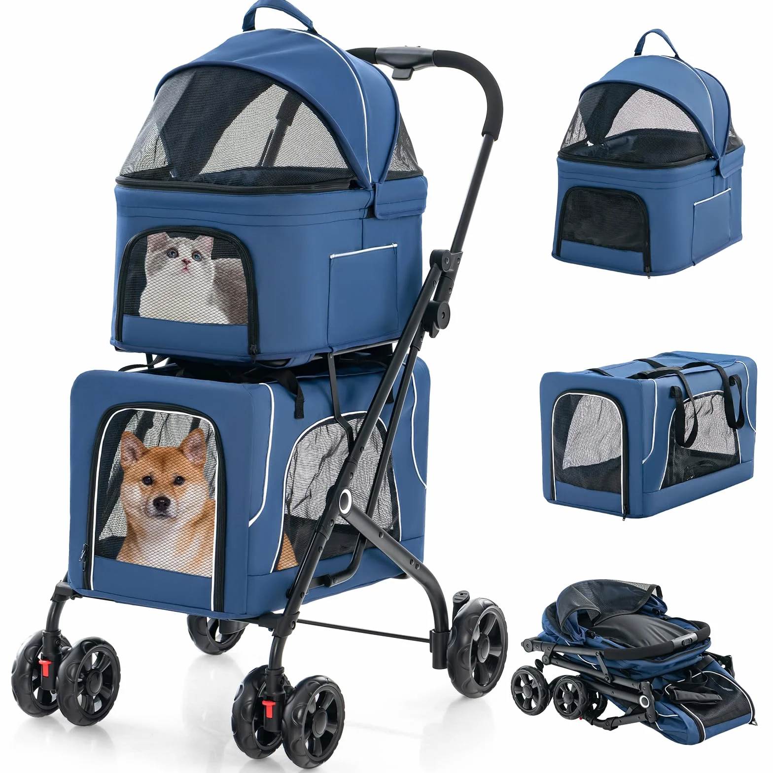 GOPLUS 3 en 1 Poussette Pliable à 2 Niveaux pour Chien Chat, 2 Sacs Détachables, Fenêtre en Maille, Roues avec Freins, Coussins Amovibles, Chariot de Voyage pour Chiens, Chats (Bleu)