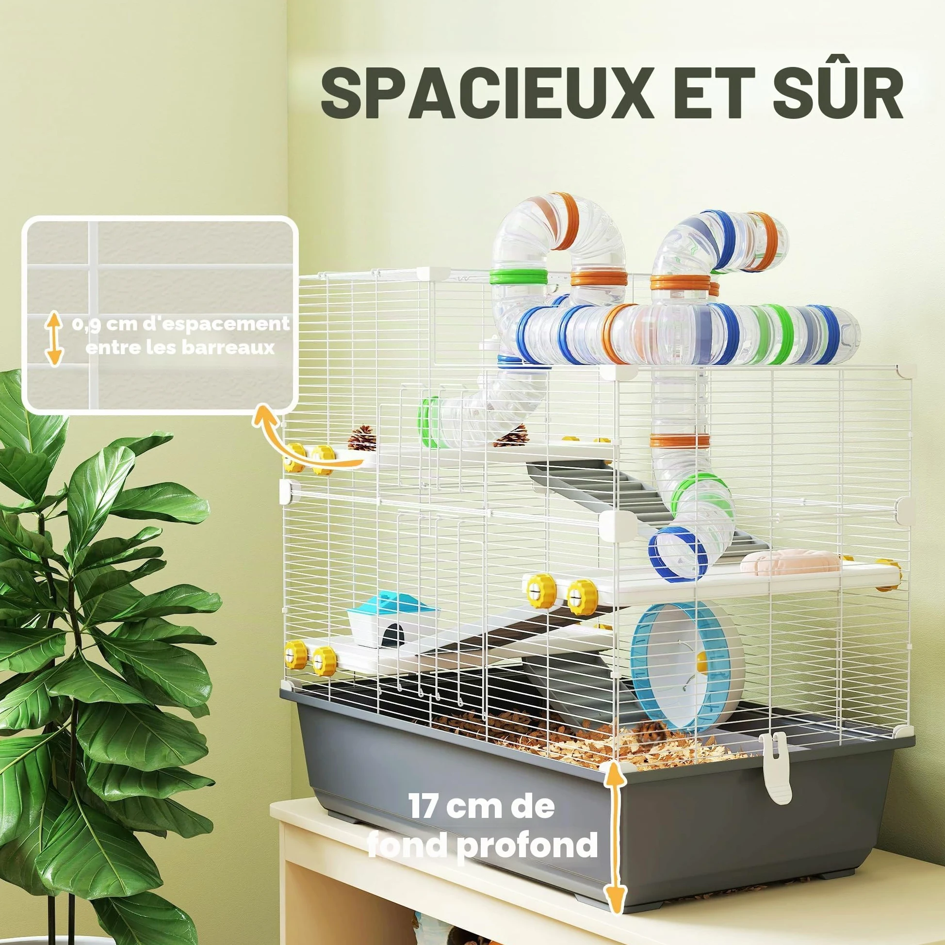 PawHut Cage Hamster 4 Niveaux avec Roue 78x45x73 cm Gris | Cage rongeur, bol nourriture, tunnel, cabane, porte supérieure, pour hamster syrien