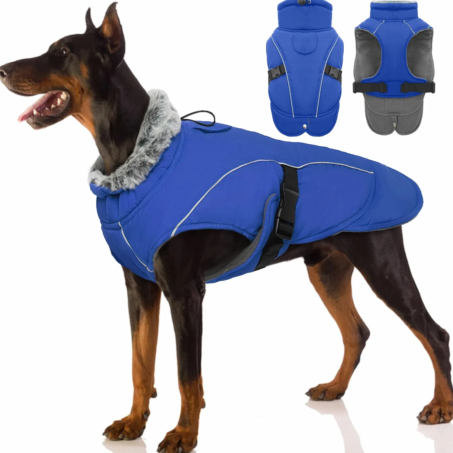 Manteau d'hiver Imperméable pour Chien, Veste Réglable Vêtements Chaud Chiot Gilet Réfléchissant Combinaison de Ski avec Doublure en Polaire pour Petit Moyen Grand Chien(Bleu, XL)