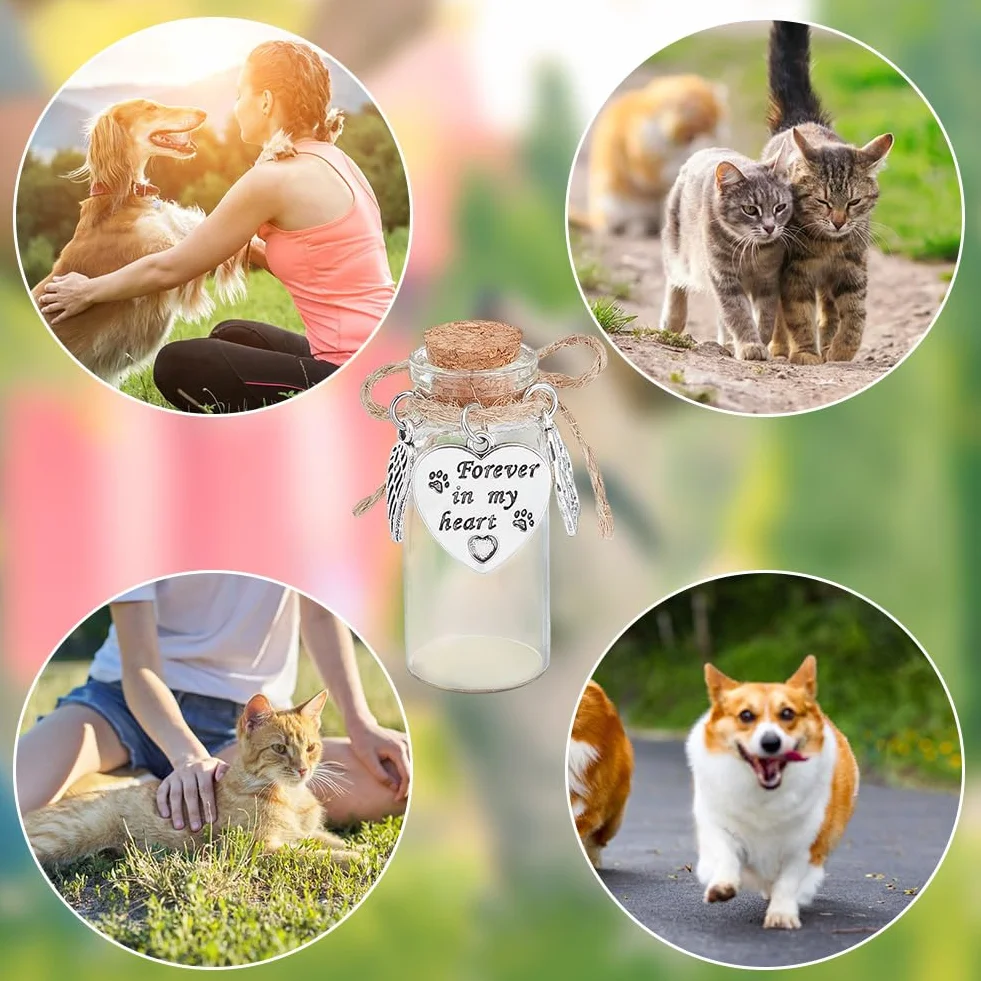 Bouteille Commémorative en Verre pour Poils d'Animaux de Compagnie Tube en Verre Bouteille à Souhaits avec Pendentifs en Forme de Cœur et Bouchon en Liège Souvenir pour Chien et Chat Urne