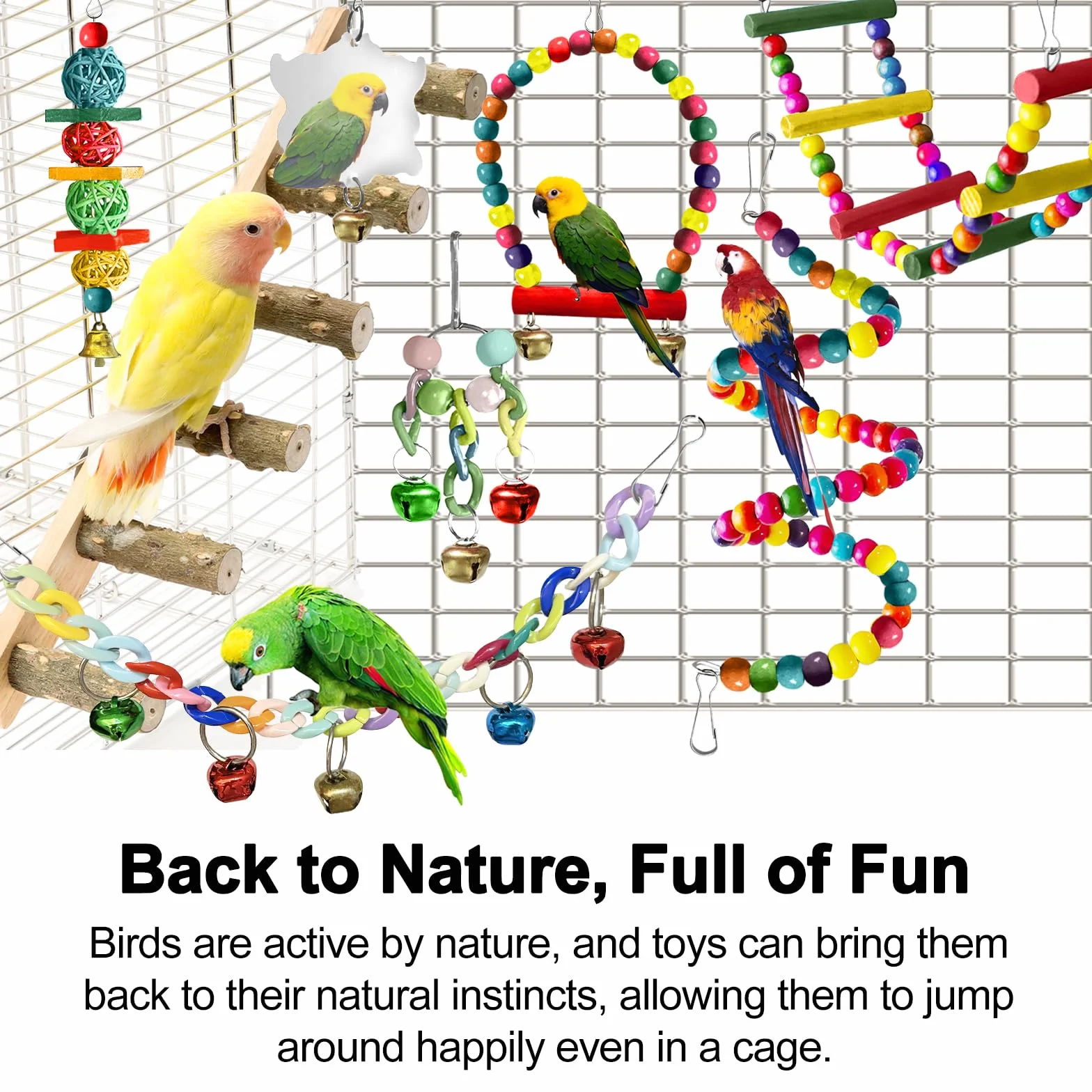 Jouets pour Oiseaux 7 Pièces Jouet Perroquet à Mâcher Suspendre Accessoire Cage Balançoire Échelle Cloches