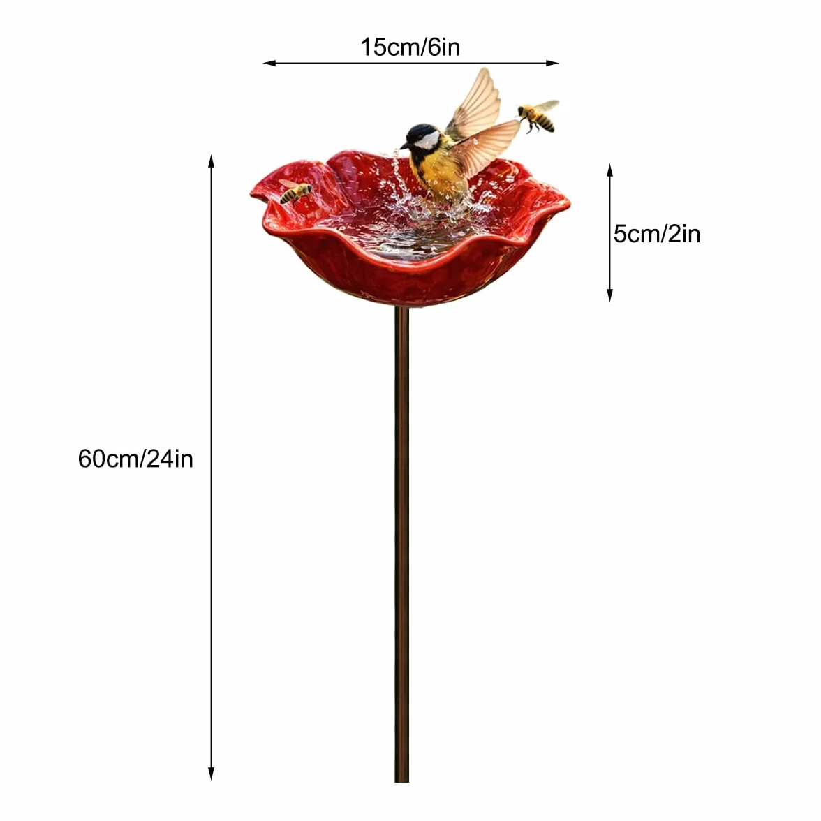 Bain d'oiseaux Abreuvoir Abeilles en Métal Motif Fleur Extérieur Résistante Intempéries Jardin Décoration (Red)