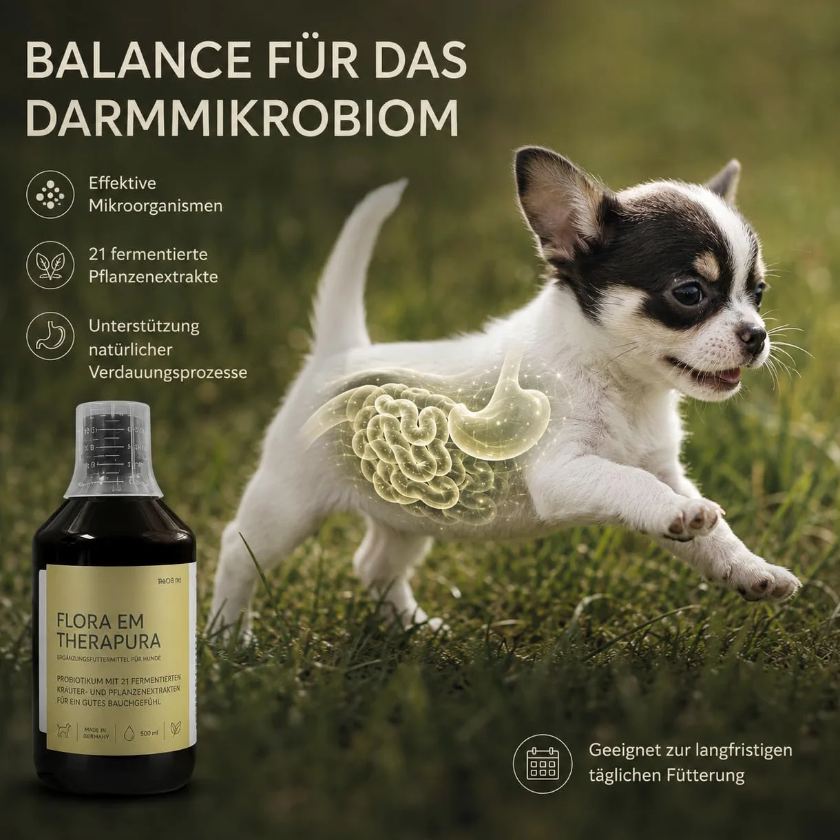 Flora EM Therapura Probiotique pour chien 500 ml liquide – Structure de la flore intestinale avec 21 herbes fermentées, micro-organismes et extraits de plantes – Digestion naturelle du chien