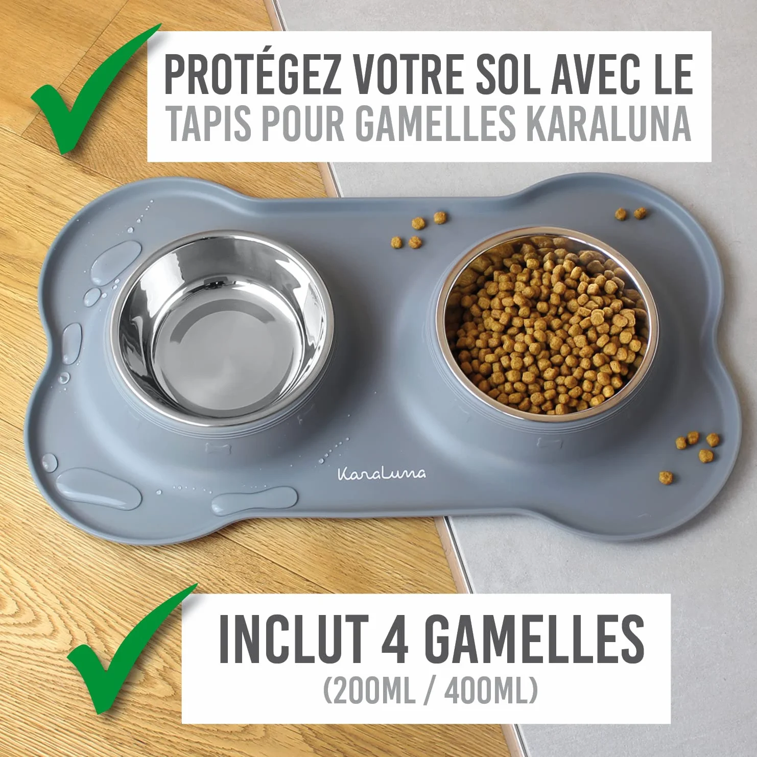 Tapis pour gamelle en Silicone KaraLuna avec gamelles en Acier Inoxydable Lot de 2 gamelles pour Chat 200ml Gris
