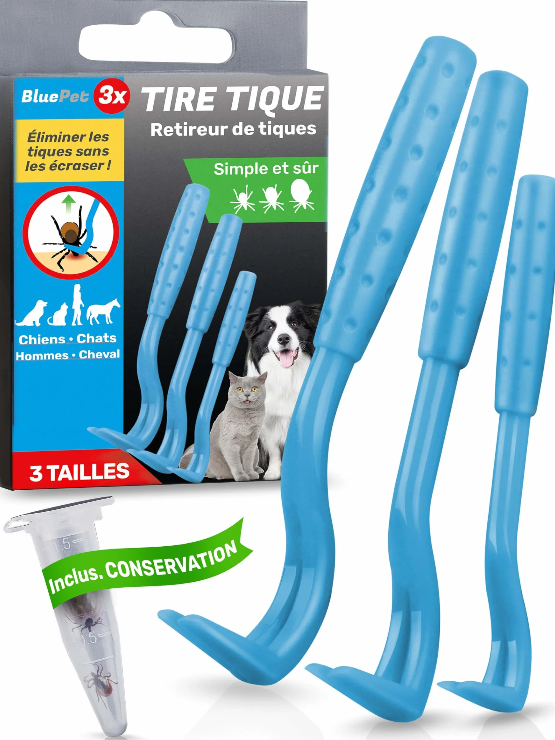 BluePet Tire Tique pour Chiens Chats Humains Crochet à Tiques Retireur Pince