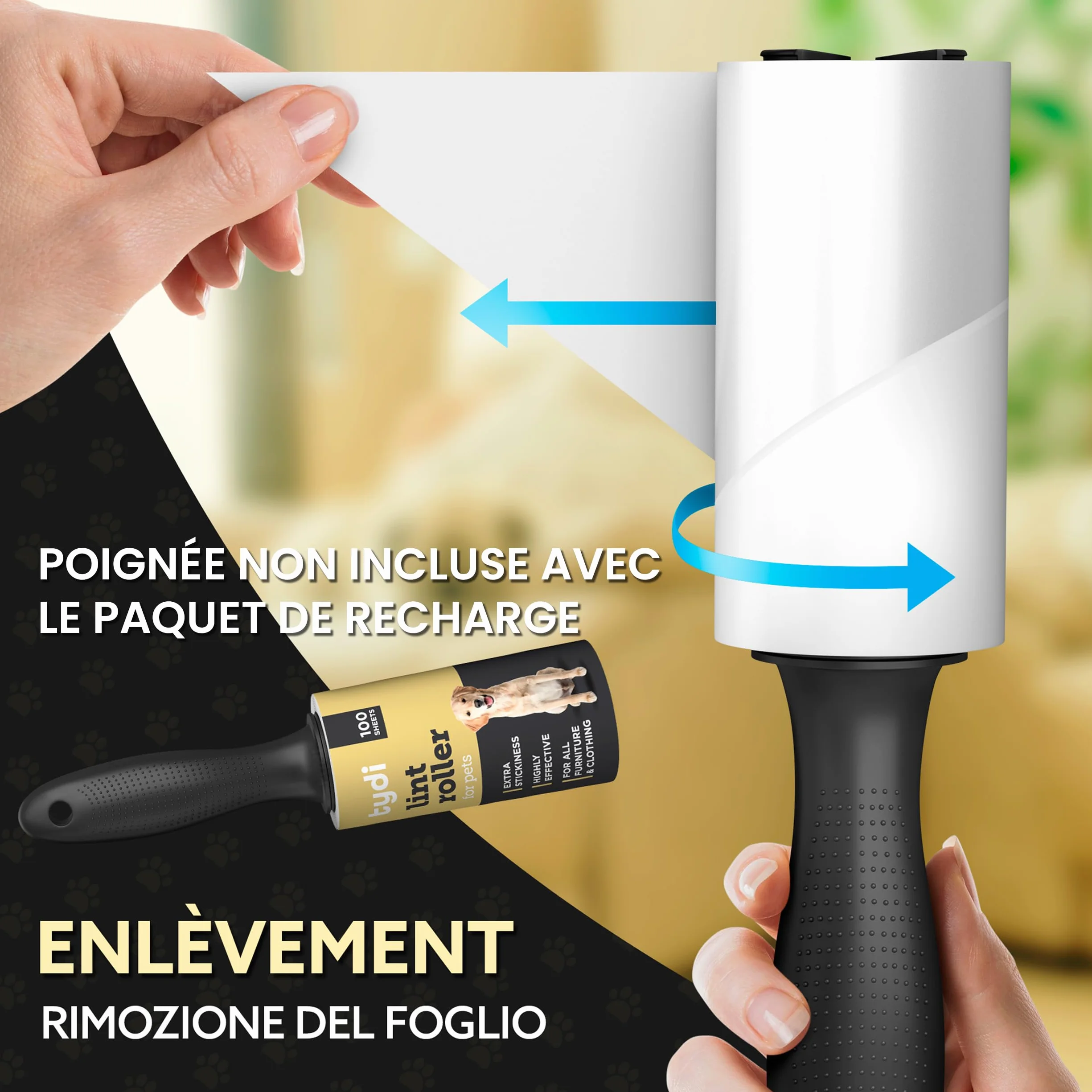 Tydi Rouleau Anti-Poils d'animaux réutilisable 600 Feuilles Brosse adhésive Recharge vêtements canapés Anti-Peluches