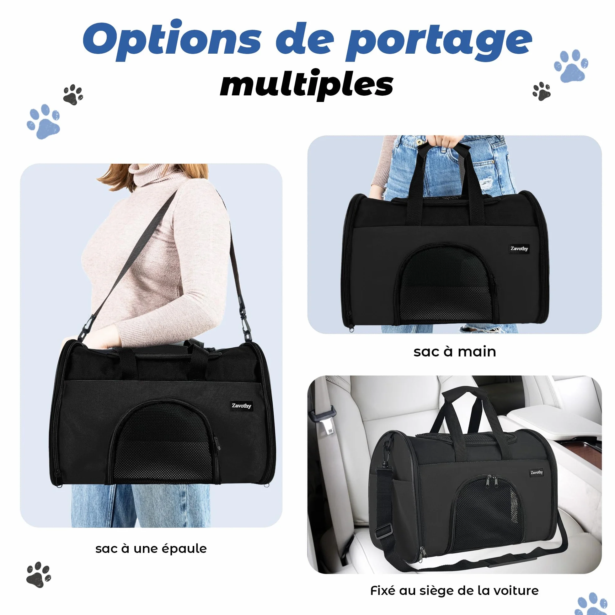Sac de transport pour chats et chiens respirant pliable avec bandoulière réglable matelas en peluche amovible noir S