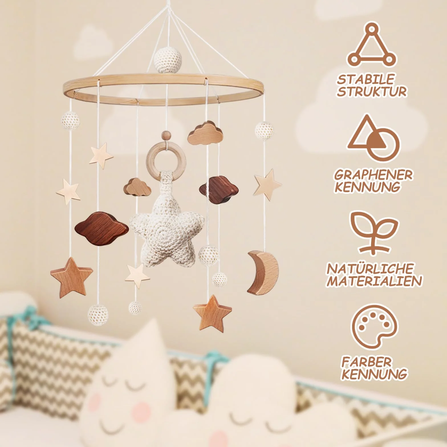 SWECOMZE Lit bébé mobile avec étoiles en bois Mobile bébé fille Cloche carillon de vent suspendu