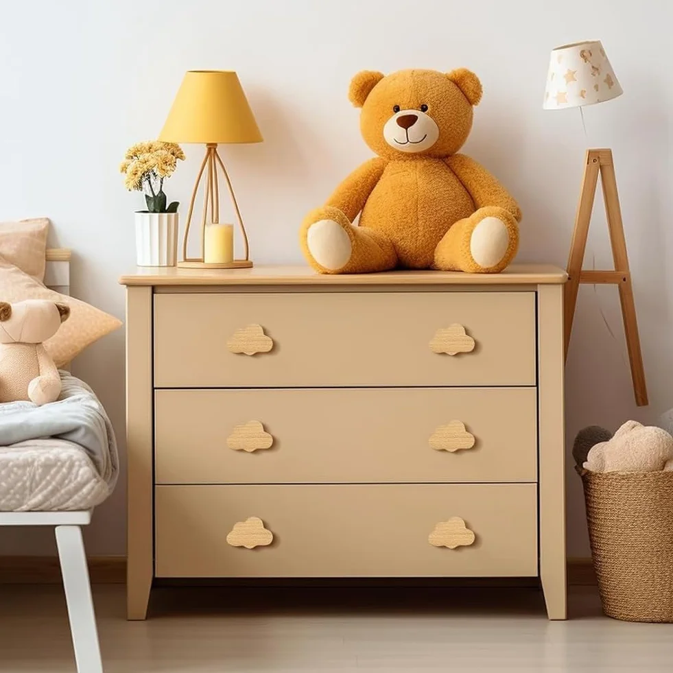 Boutons d'armoire design nuage en bois pour chambre d'enfant, bohème, lot de 12 avec vis