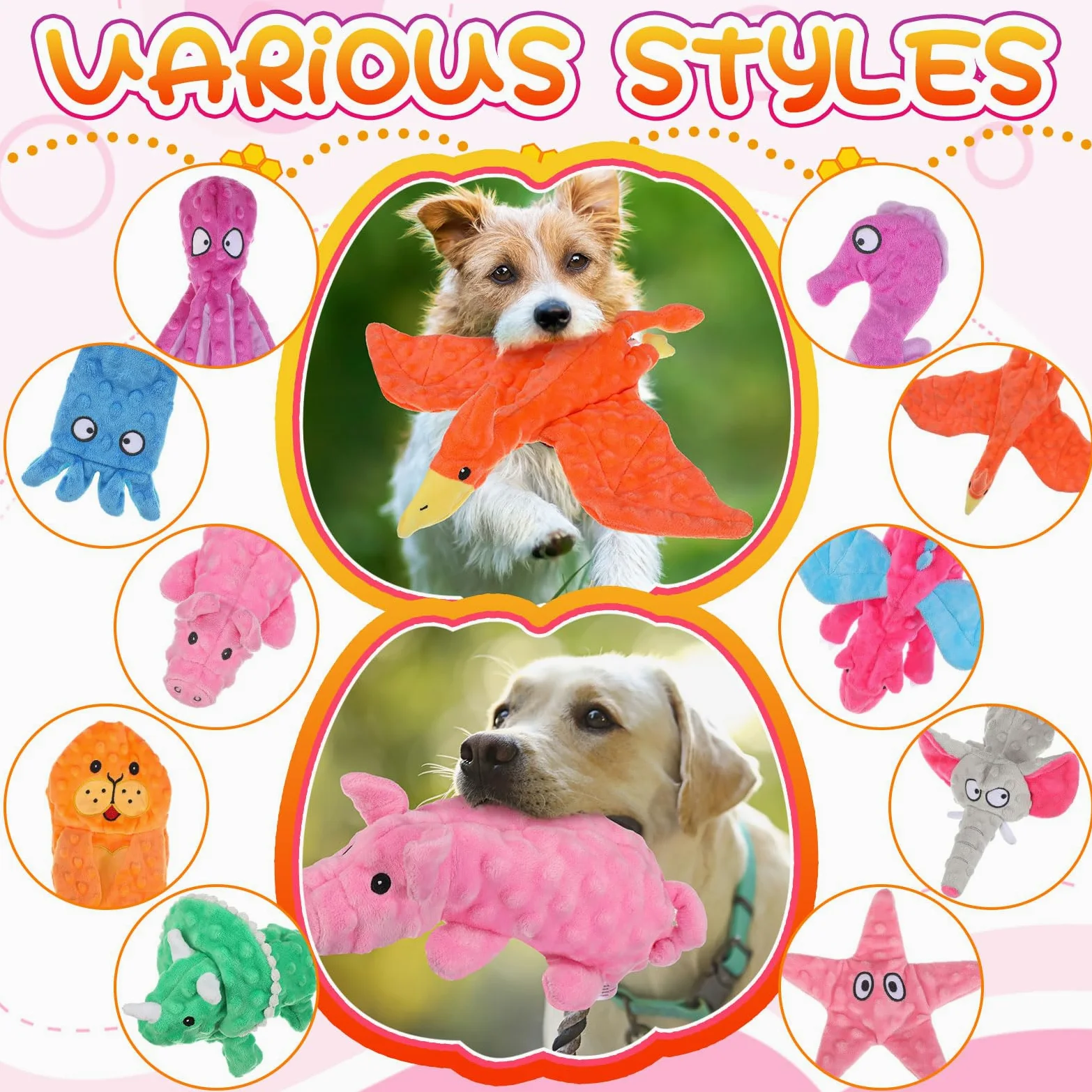 Sratte Lot de 10 jouets couineurs pour chien sans rembourrage - Jouet froissé pour mâcheurs agressifs - Jouets à mâcher pour animaux de compagnie de petite, moyenne et grande taille, 10 styles (styles