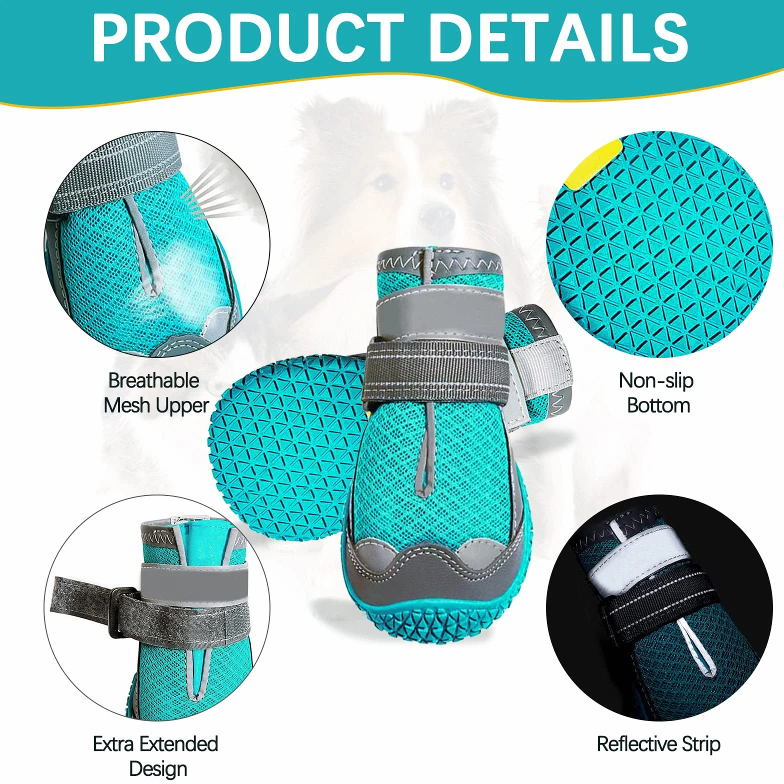 Bottes de Protection pour Chien 4 pcs Chaussures Respirantes avec Sangles Réfléchissantes et Semelle Antidérapante