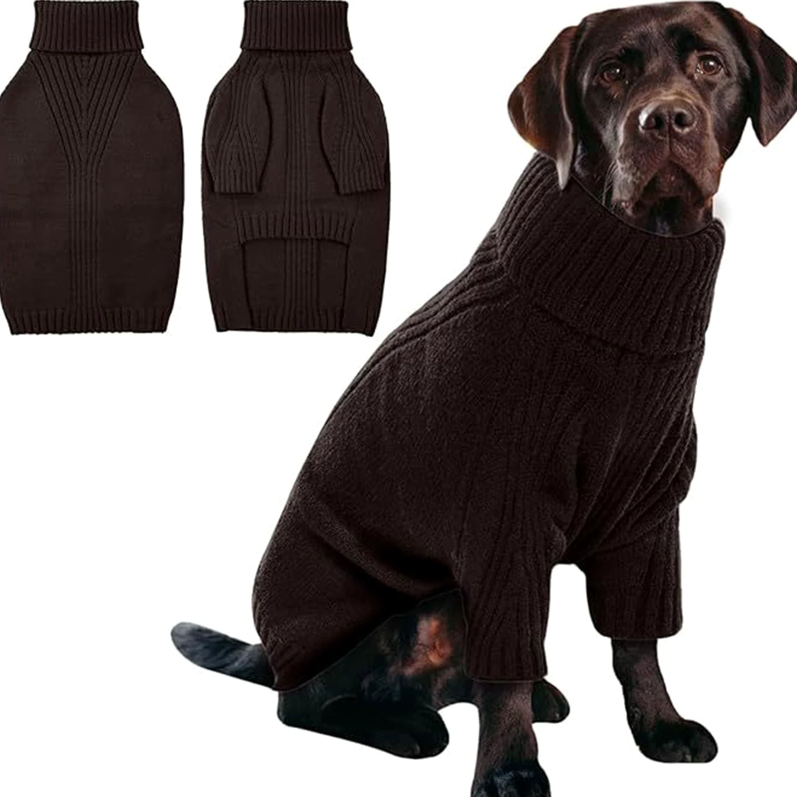 Pull pour chien en tricot thermique - Grand pull à col roulé - Pour chiens extra grands - Élastique - Vêtement pour chien par temps froid (noir, L)