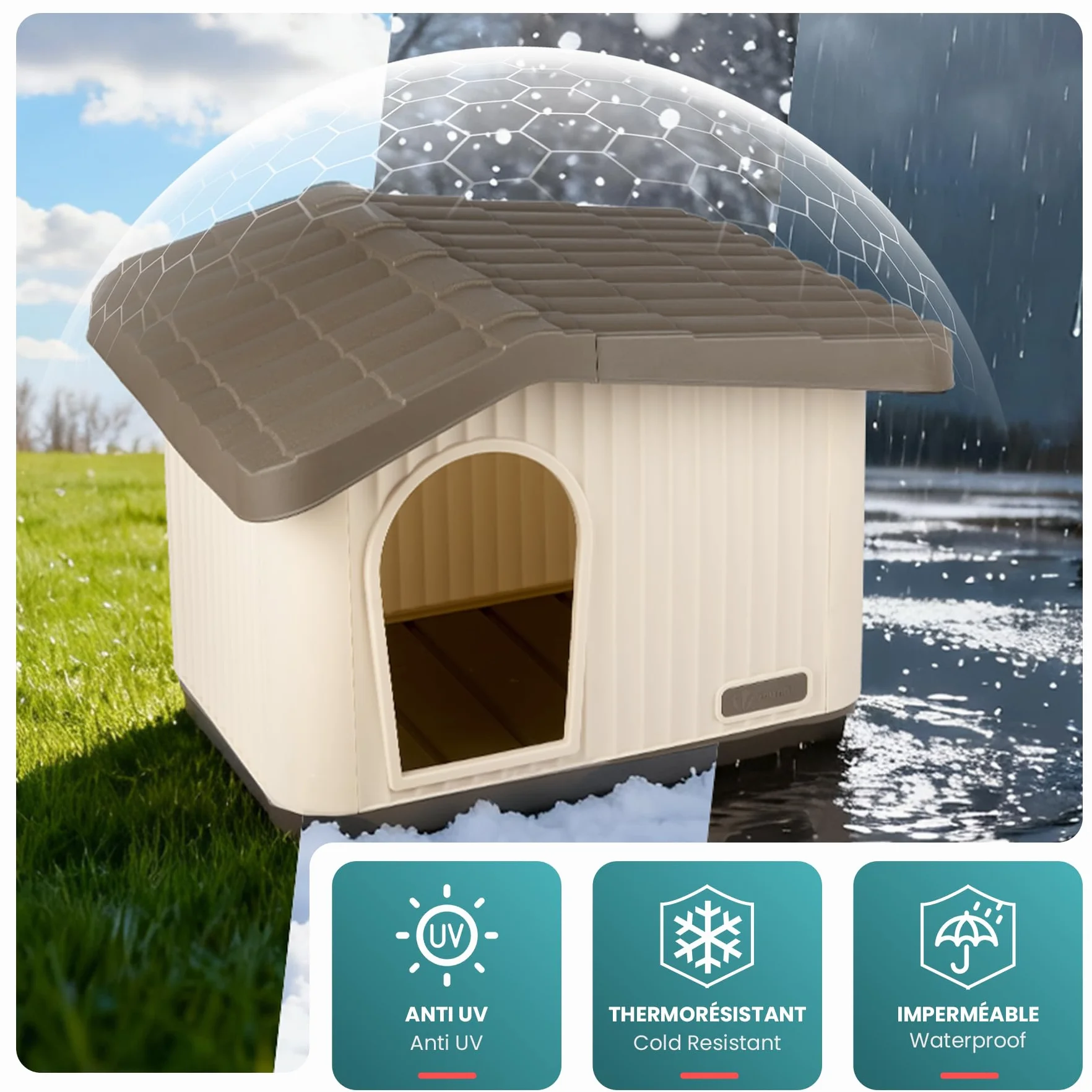 VOUNOT® Maison pour Chat Imperméable 60x51x41cm Niche Extérieur Intérieur avec Toit Incliné Aération Pieds Antidérapants Beige