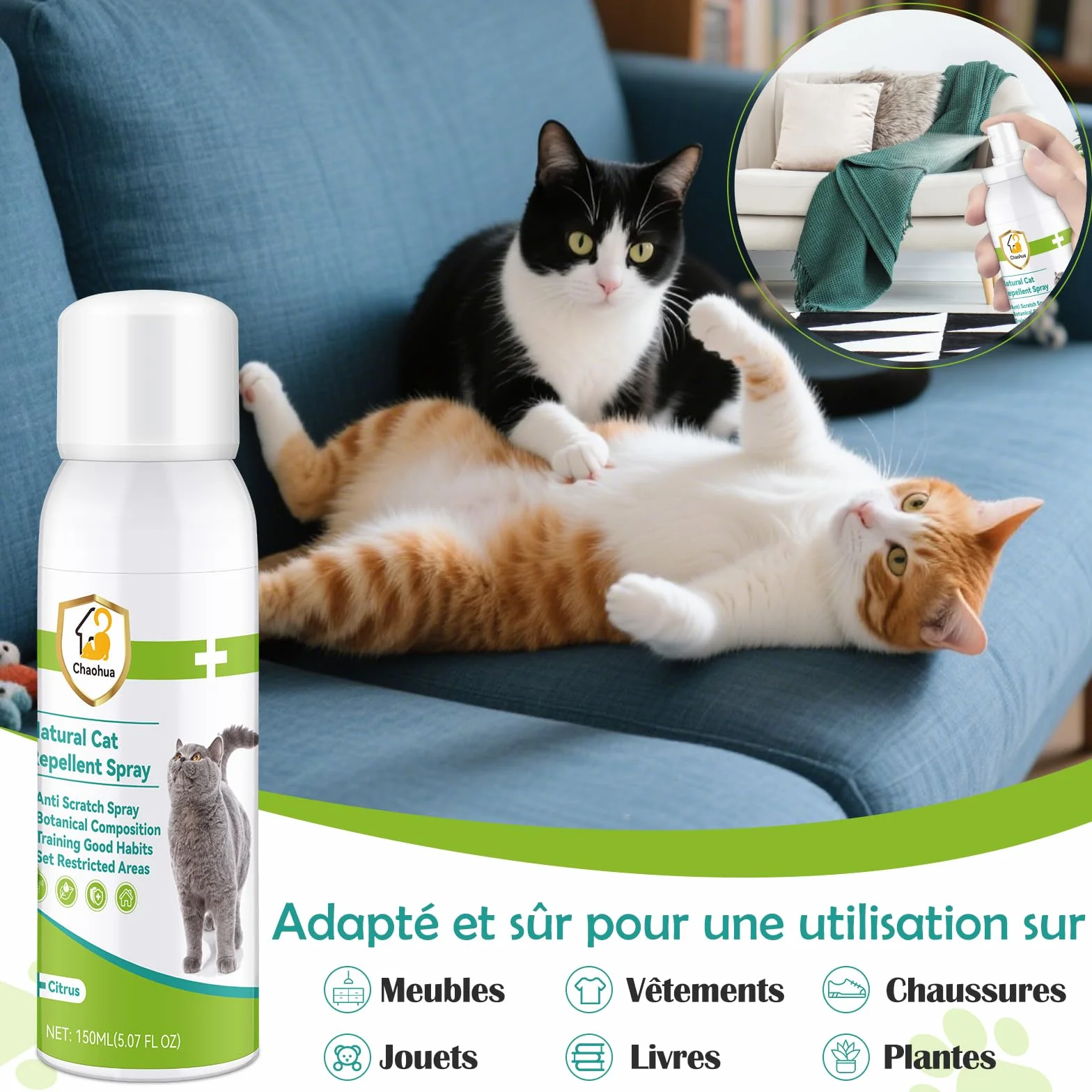 Repulsif Chat Interieur 150 ML Anti Griffure Spray Protéger Meubles Canapé