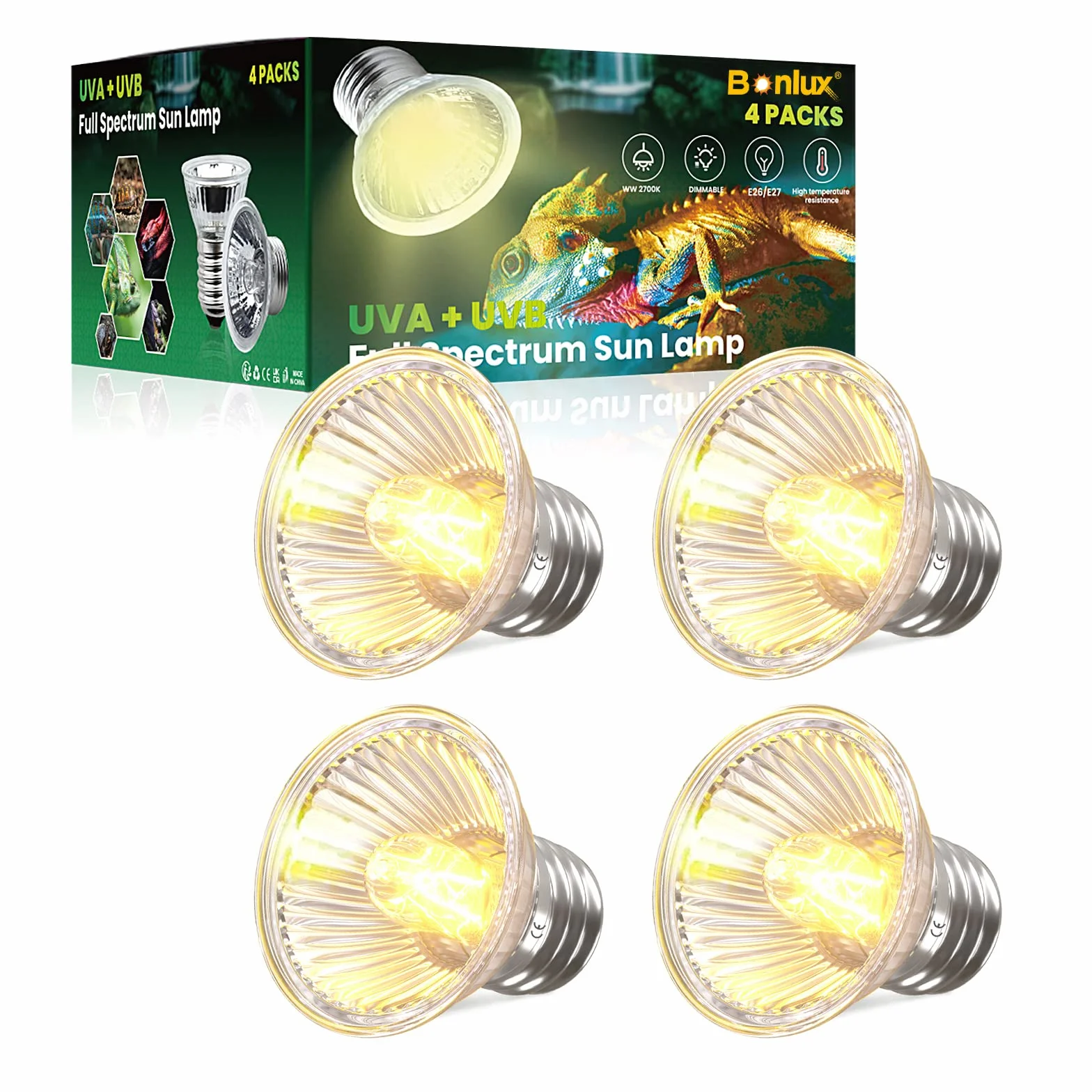 Bonlux E27 Ampoule Chauffante 50W Reptile Lampe UVA UVB 220-240V (4pcs)