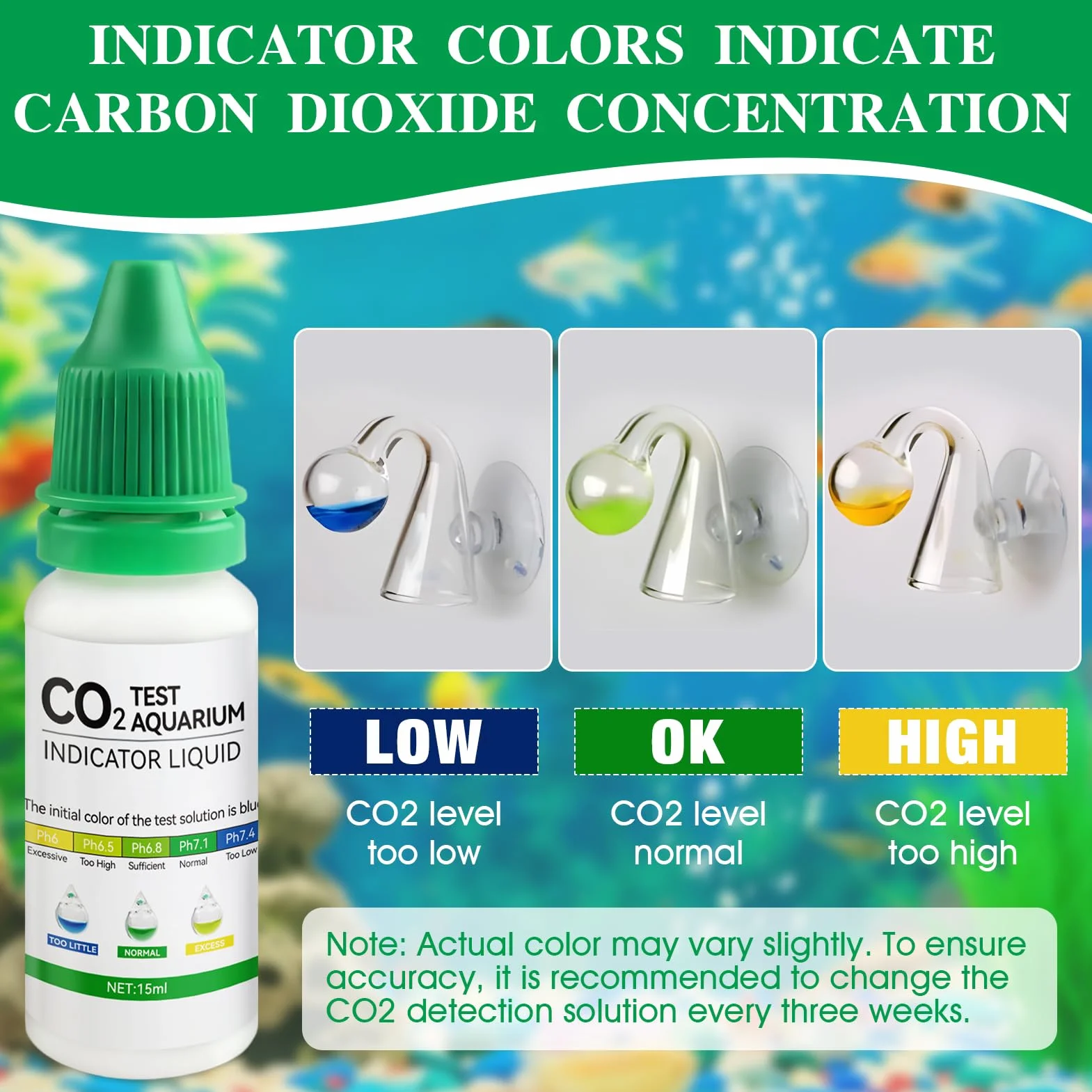Drop Checker Co2, Co2 Aquarium, Kit co2 Aquarium avec 15 ML Indicateur 20 MG/L Surveille avec Précision la Concentration de Dioxyde de Carbone, pour aux Aquariums d'eau Douce