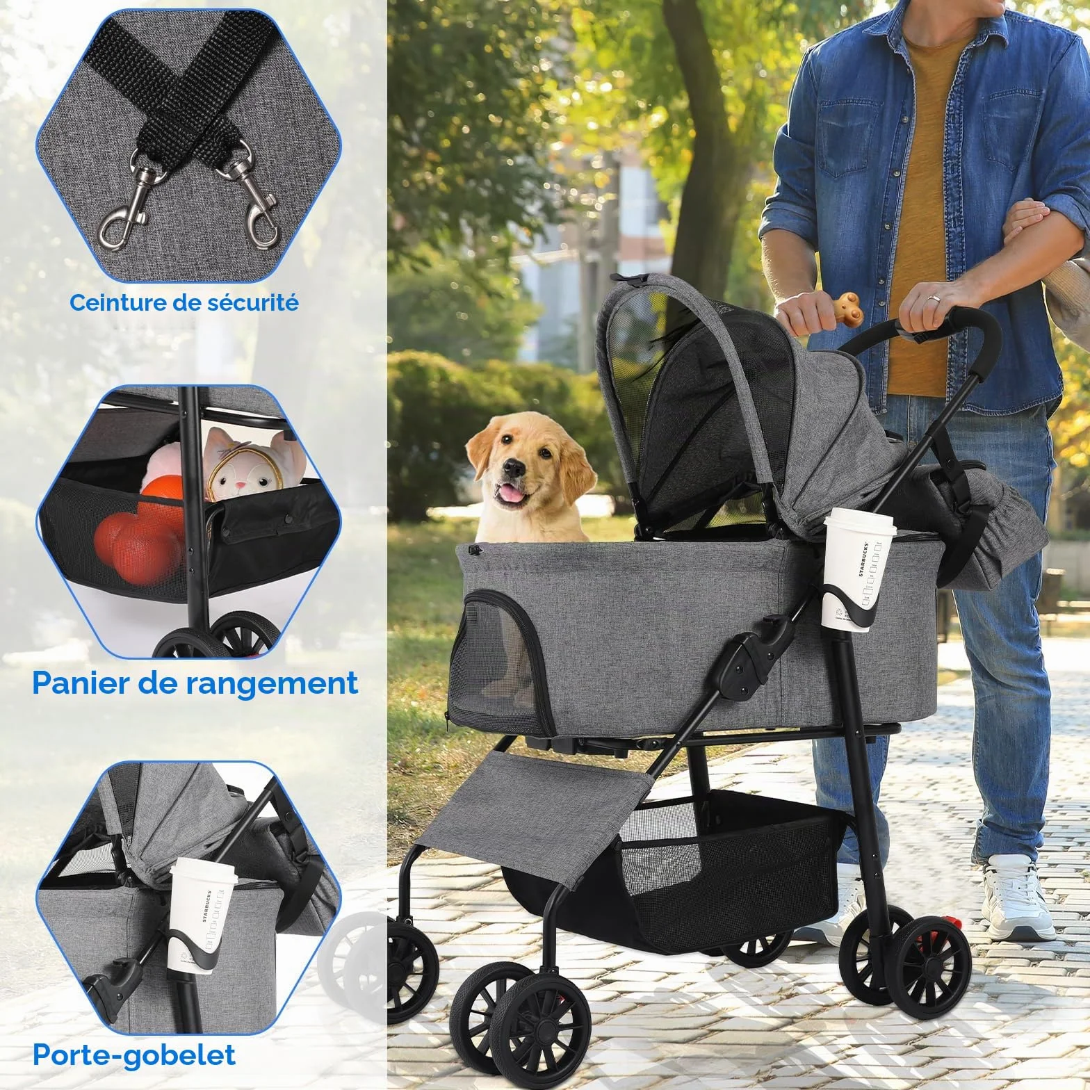 MAMIZO Poussette pour chien 3 en 1, jusqu'à 20 kg, 4 paires de roues doubles à 360 °, livrée avec un sac à bandoulière, poussette pliable pour chiens de petite/moyenne taille et chats, Gris